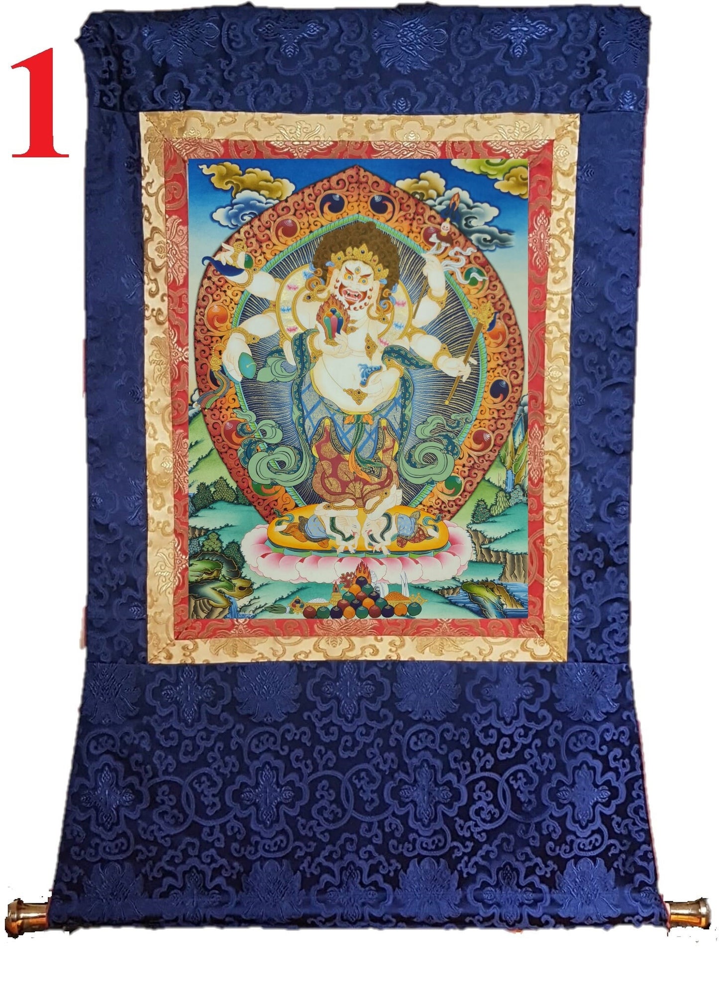 154. White Mahakala Thangka (Thanka). Free Brocade / Free Shipping.