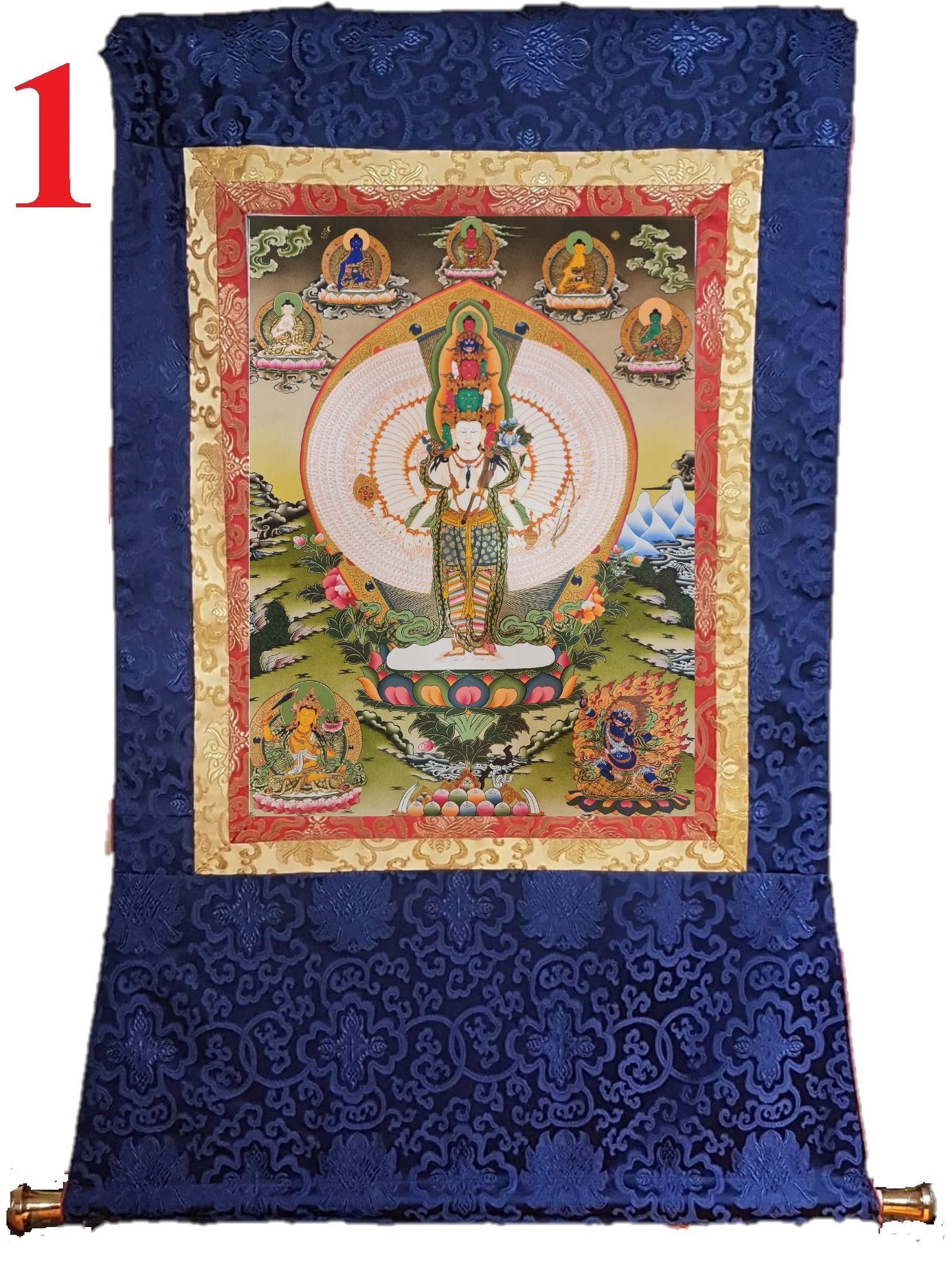 185. 1000 (Thousand) Arm Chenrezig Avalokiteshvara Thangka (Thanka). Free Brocade / Free Shipping.