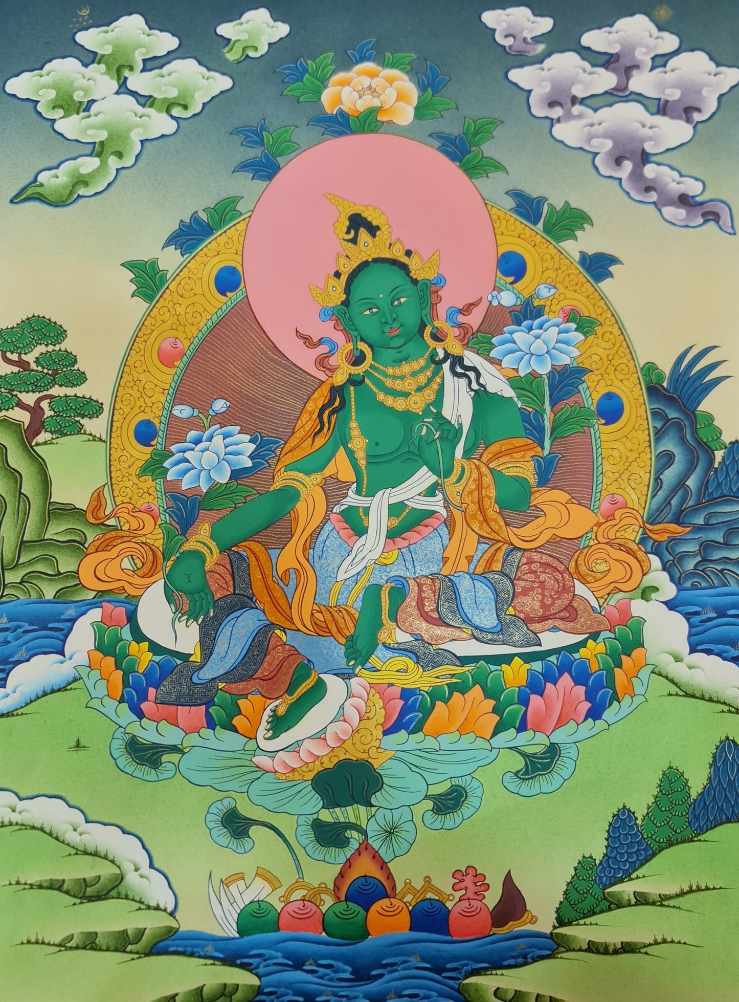 55. Green Tara Thangka (Thanka). Free Brocade / Free Shipping.
