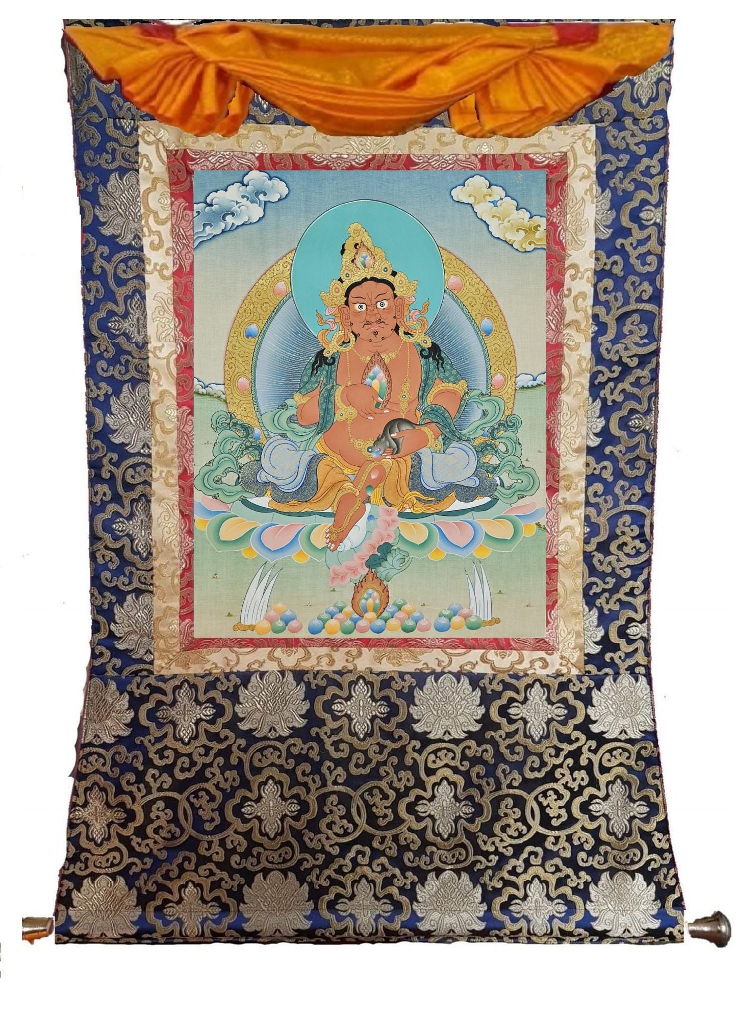 397. Red Jambhala or Zambhala Thangka (Thanka). Free Brocade / Free Shipping.