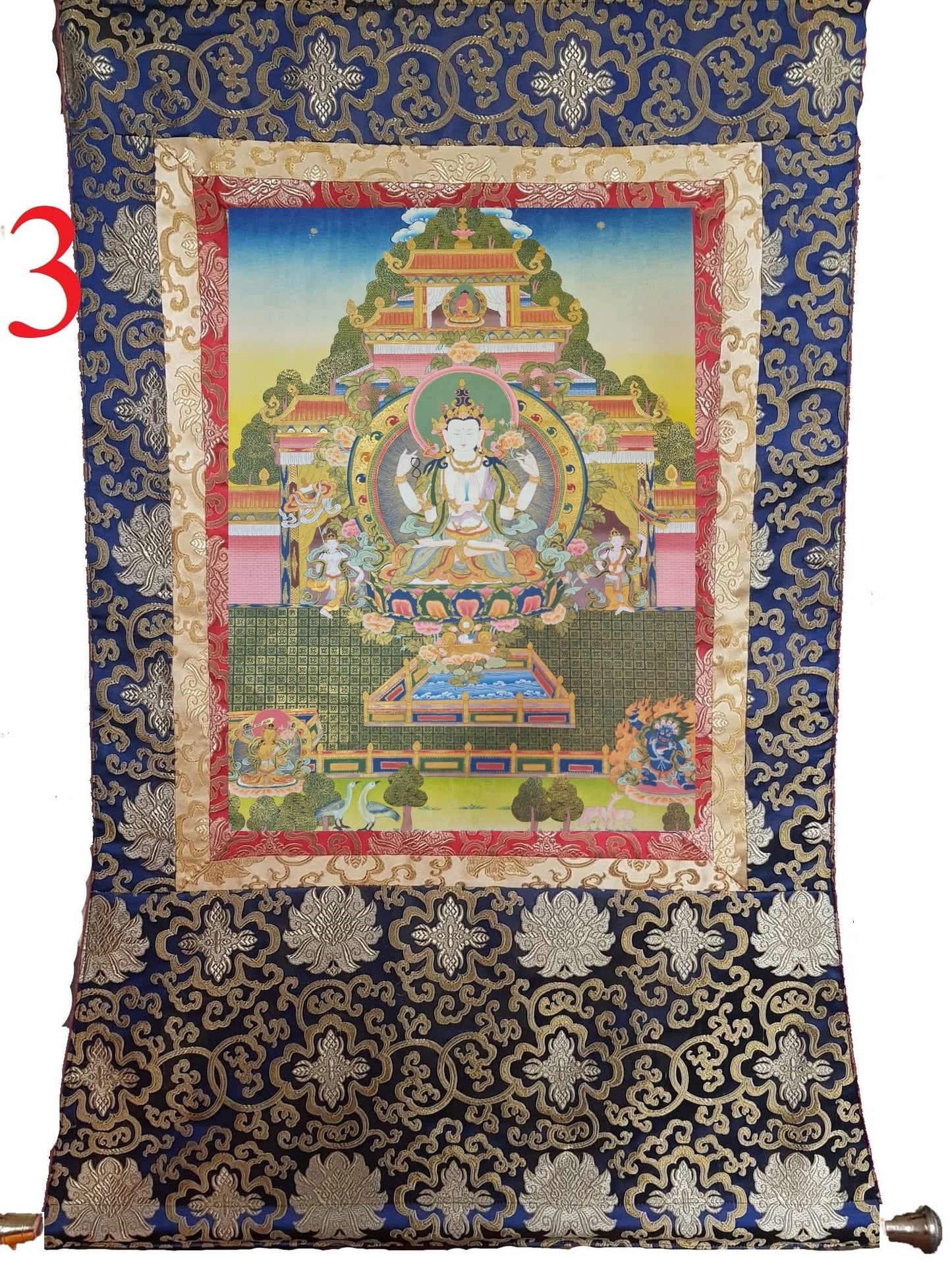 193. Chenrezig Thangka (Thanka).  Free Brocade / Free Shipping.