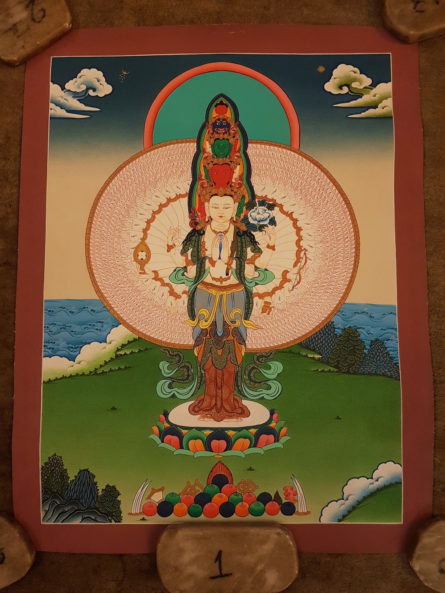 34. 1000 (Thousand) Arm Chenrezig Avalokiteshvara Thangka (Thanka). Free Brocade / Free Shipping.