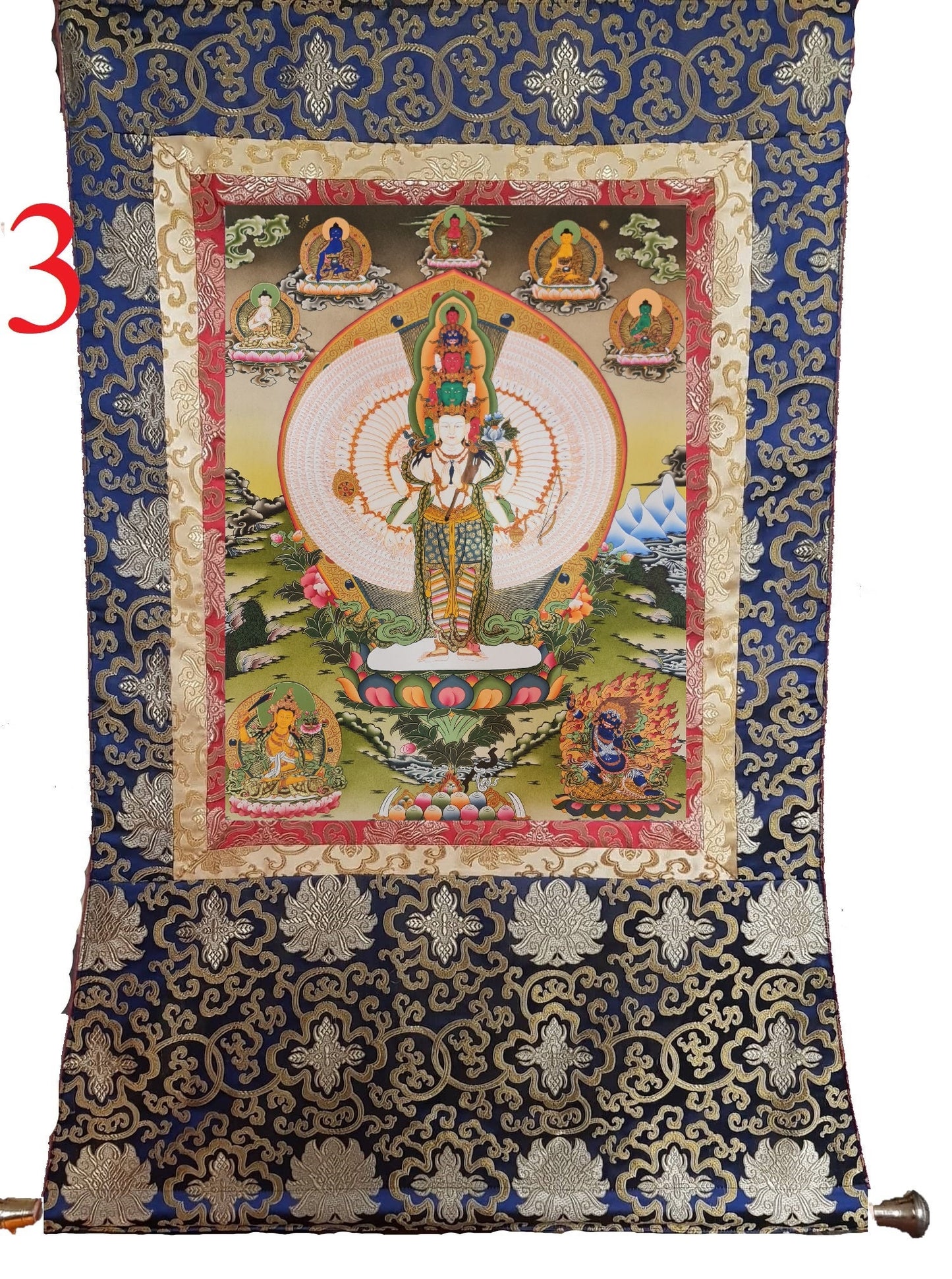 185. 1000 (Thousand) Arm Chenrezig Avalokiteshvara Thangka (Thanka). Free Brocade / Free Shipping.