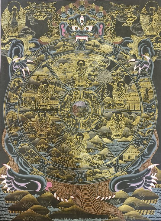 60. 15 Years Old Wheel of Life (Samsara) Thangka (Thanka) Painting with 24 K Gold. Free Brocade / Free Shipping.