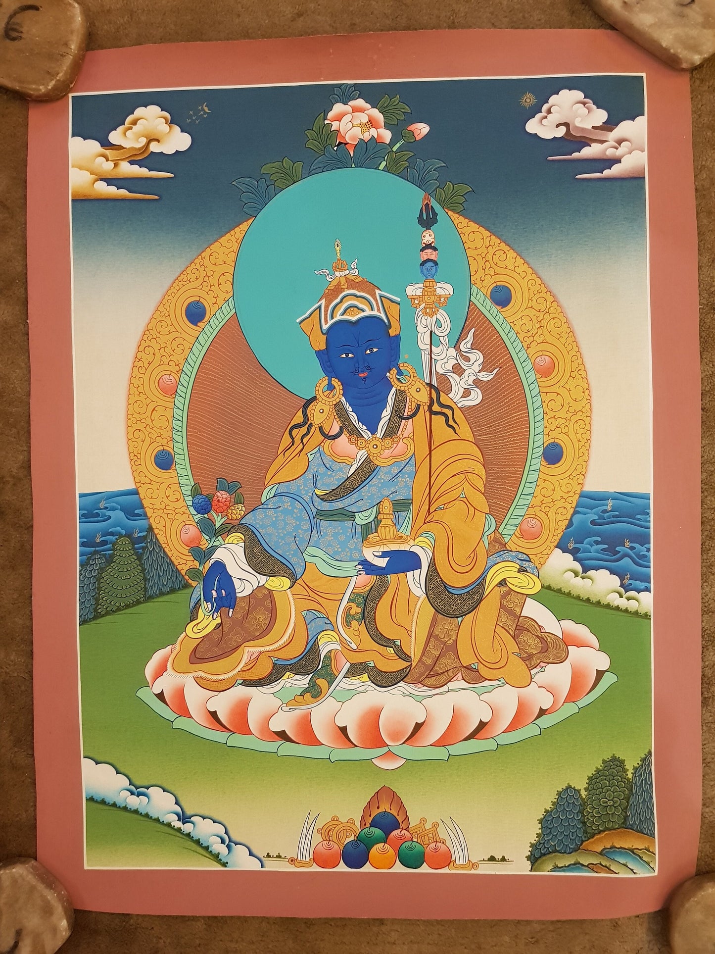91. Medicine Guru Rinpoche Orgyen Menla Thanka (Thangka). Free Brocade / Free Shipping.