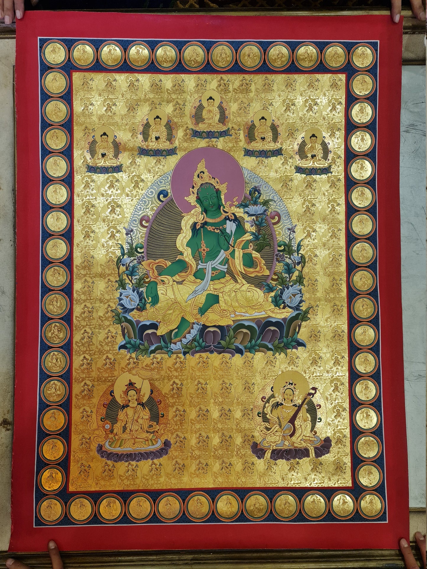 233. 108 Gold Green Tara Thangka (Thanka). Free Brocade / Free Shipping.