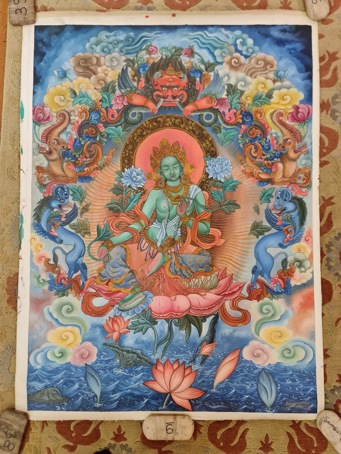Newari Green Tara Thangka (Thanka) Newari Oil Painting Paubha in Canvas. Signed by the Artist. Free Shipping.