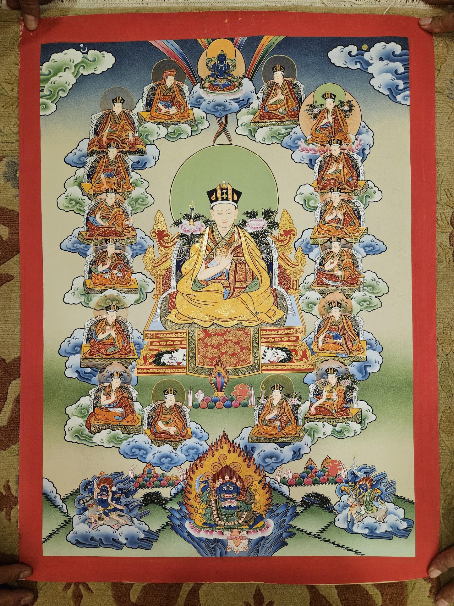 364. 16 Sixteen Gyalwa Karmapa in one Thangka Karma Kagyu. Free Brocade / Free Shipping.