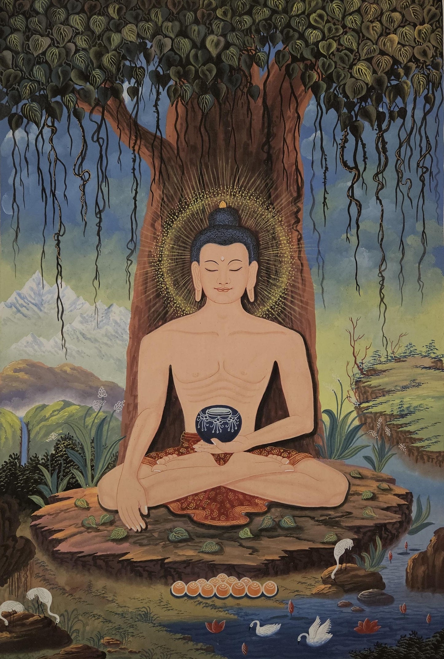 382. Newari Style Fasting Shakyamuni Buddha Thangka (Thanka). Free Brocade / Free Shipping.