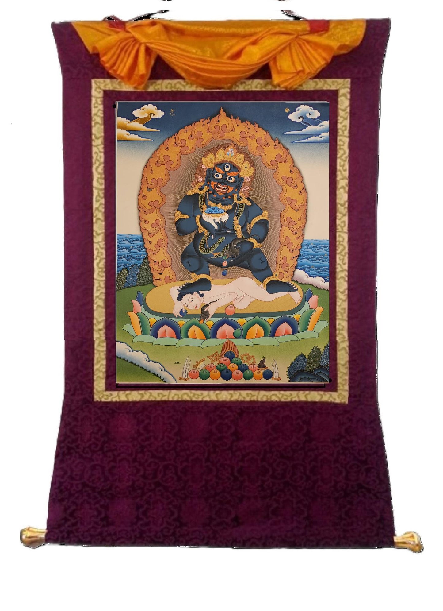 12. Black Jambhala or Dzambhala Thangka (Thanka). Free Brocade / Free Shipping.