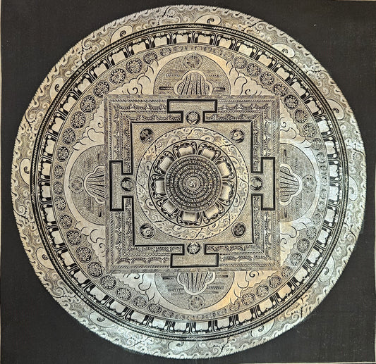 342. Silver and Black Mantra Mandala Thangka (Thanka). Free Brocade / Free Shipping.