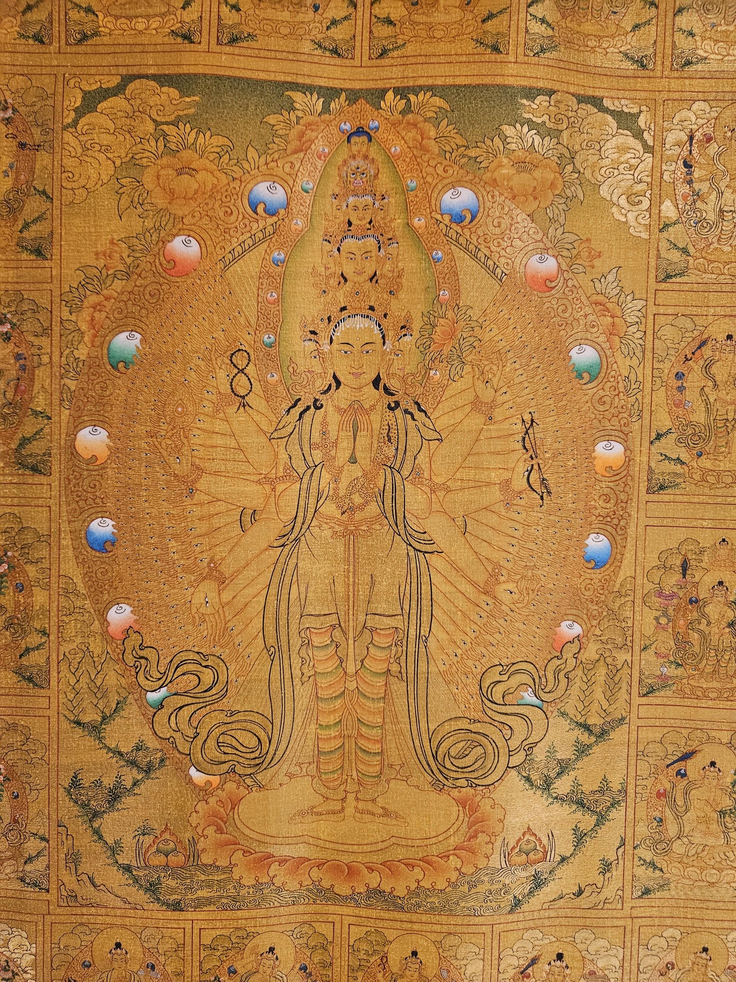 319. 1000 (Thousand) Arm Chenrezig Avalokiteshvara 25 Year Old Thangka (Thanka) Horizontal Painting. Free Shipping.