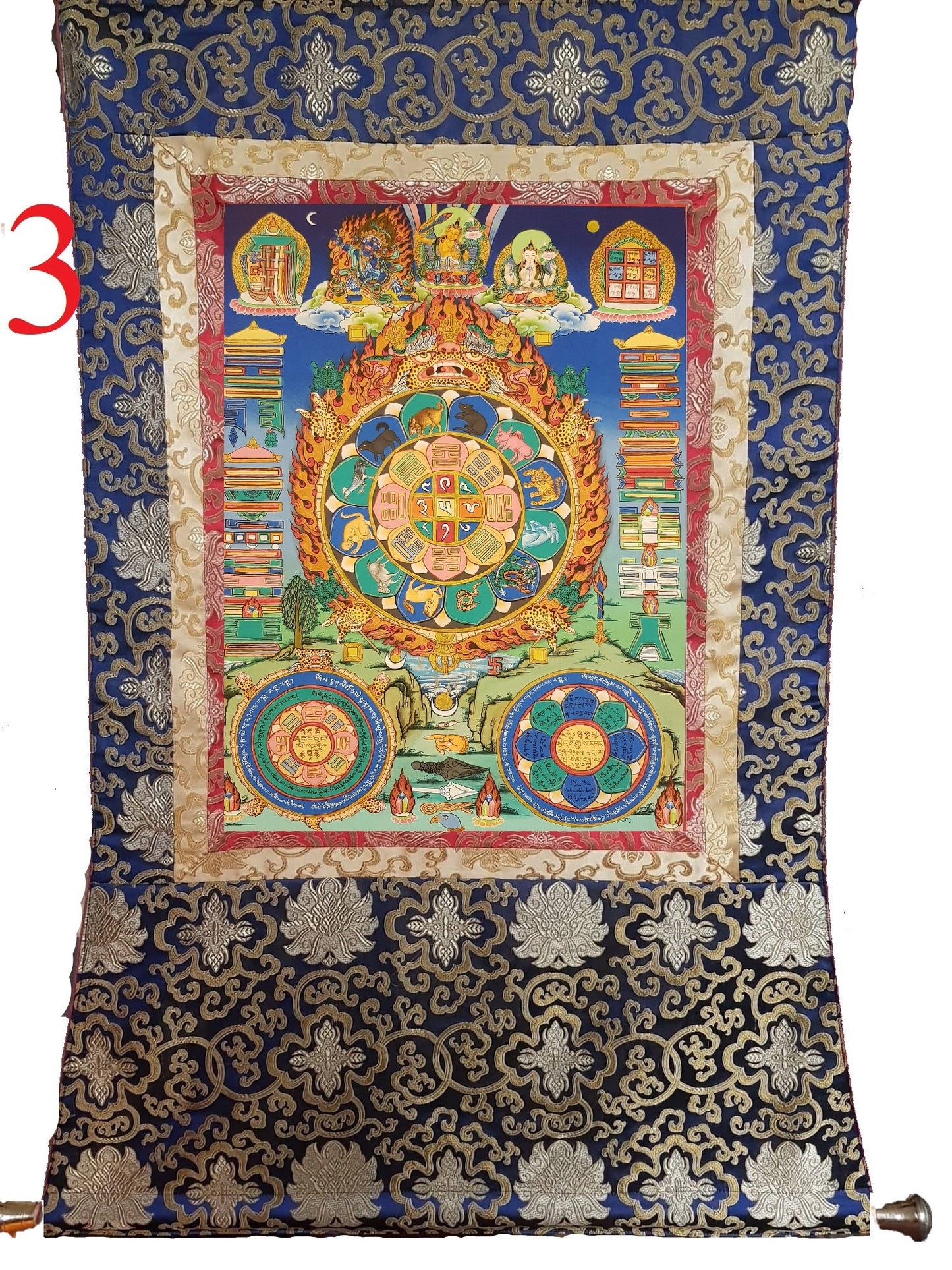 124. Shiva Khorlo Tibetan Calendar Thangka (Thanka). Free Brocade / Free Shipping.