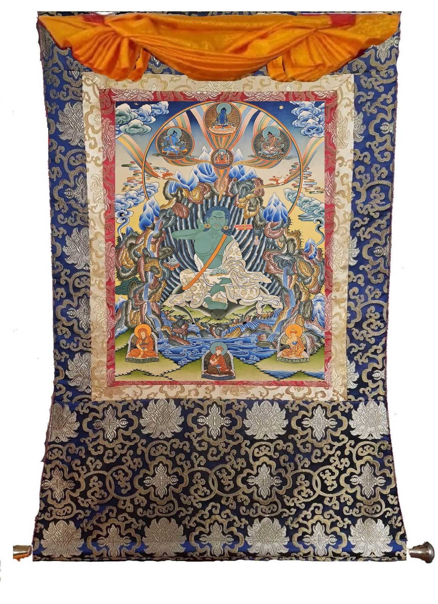 338. Milarepa with Kagyu Masters Thangka (Thanka). Free Brocade / Free Shipping.