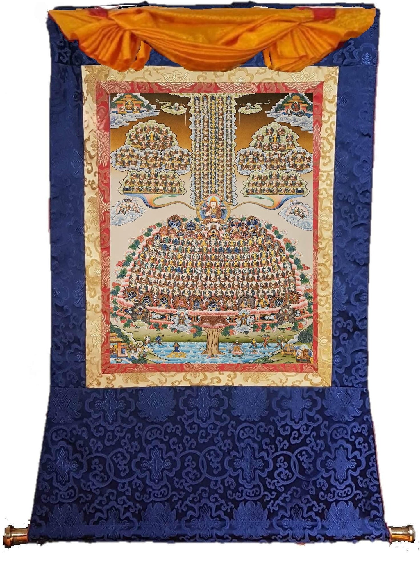 231. Gelug (Gelugpa) Lineage Tree Thangka (Thanka) Painting with 24 K Gold. Free Brocade / Free Shipping.