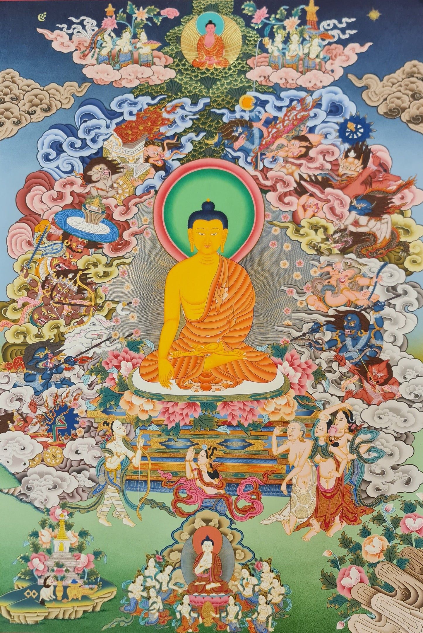 268. The Temptation of Buddha by Mara and his Three Daughters Thanka (Thangka).  Free Brocade / Free Shipping.