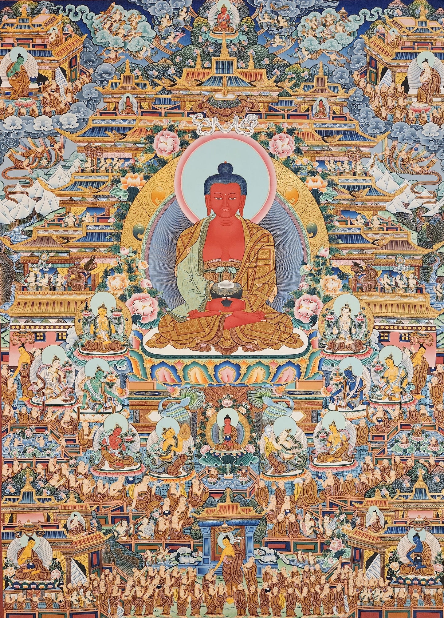 283. Large Amitabha Buddha Dewachen (Sukhavati) Thangka (Thanka). Free Brocade / Free Shipping.