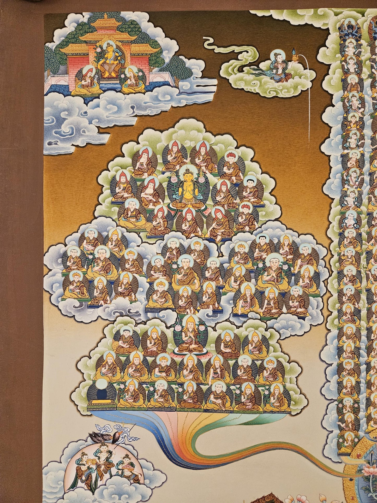 231. Gelug (Gelugpa) Lineage Tree Thangka (Thanka) Painting with 24 K Gold. Free Brocade / Free Shipping.