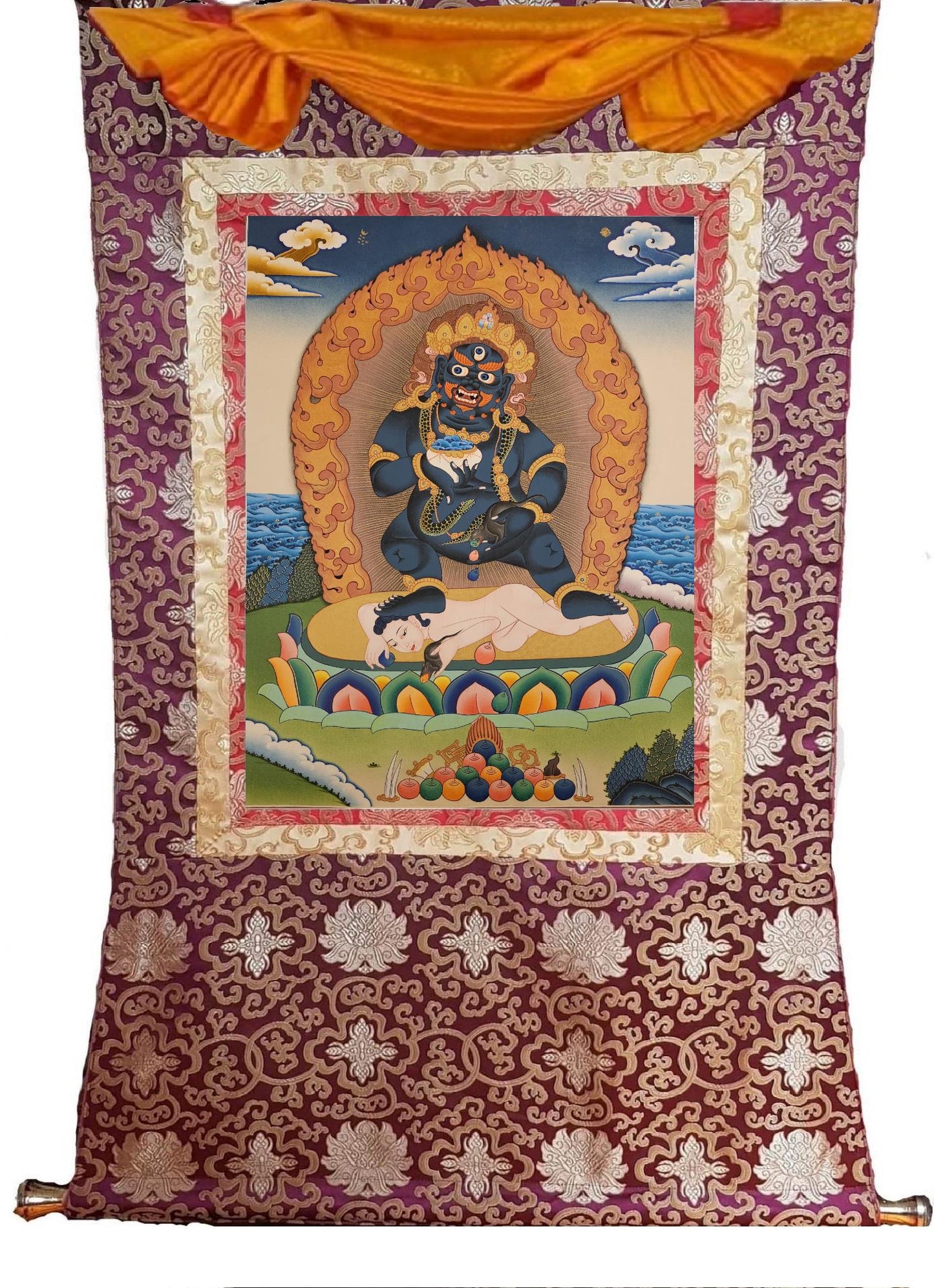 12. Black Jambhala or Dzambhala Thangka (Thanka). Free Brocade / Free Shipping.