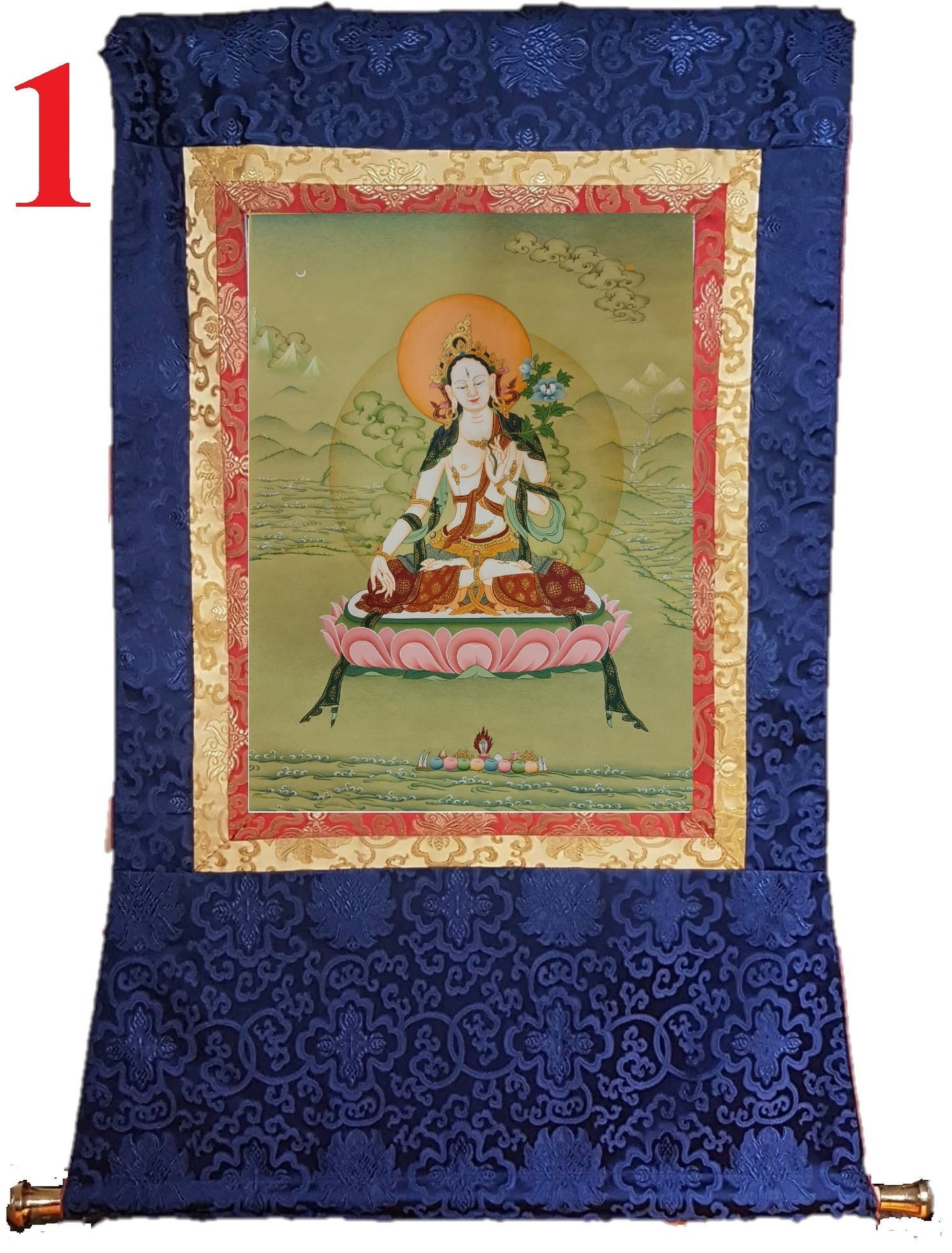 228. Karma Gadri White Tara Thangka (Thanka). Free Brocade / Free Shipping.