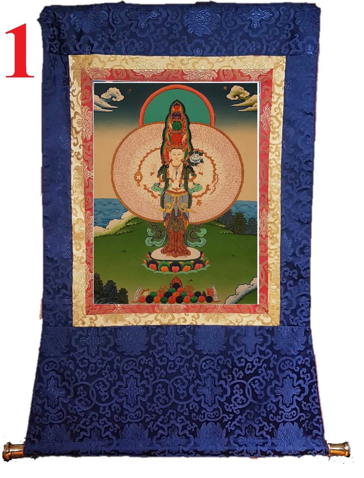 34. 1000 (Thousand) Arm Chenrezig Avalokiteshvara Thangka (Thanka). Free Brocade / Free Shipping.