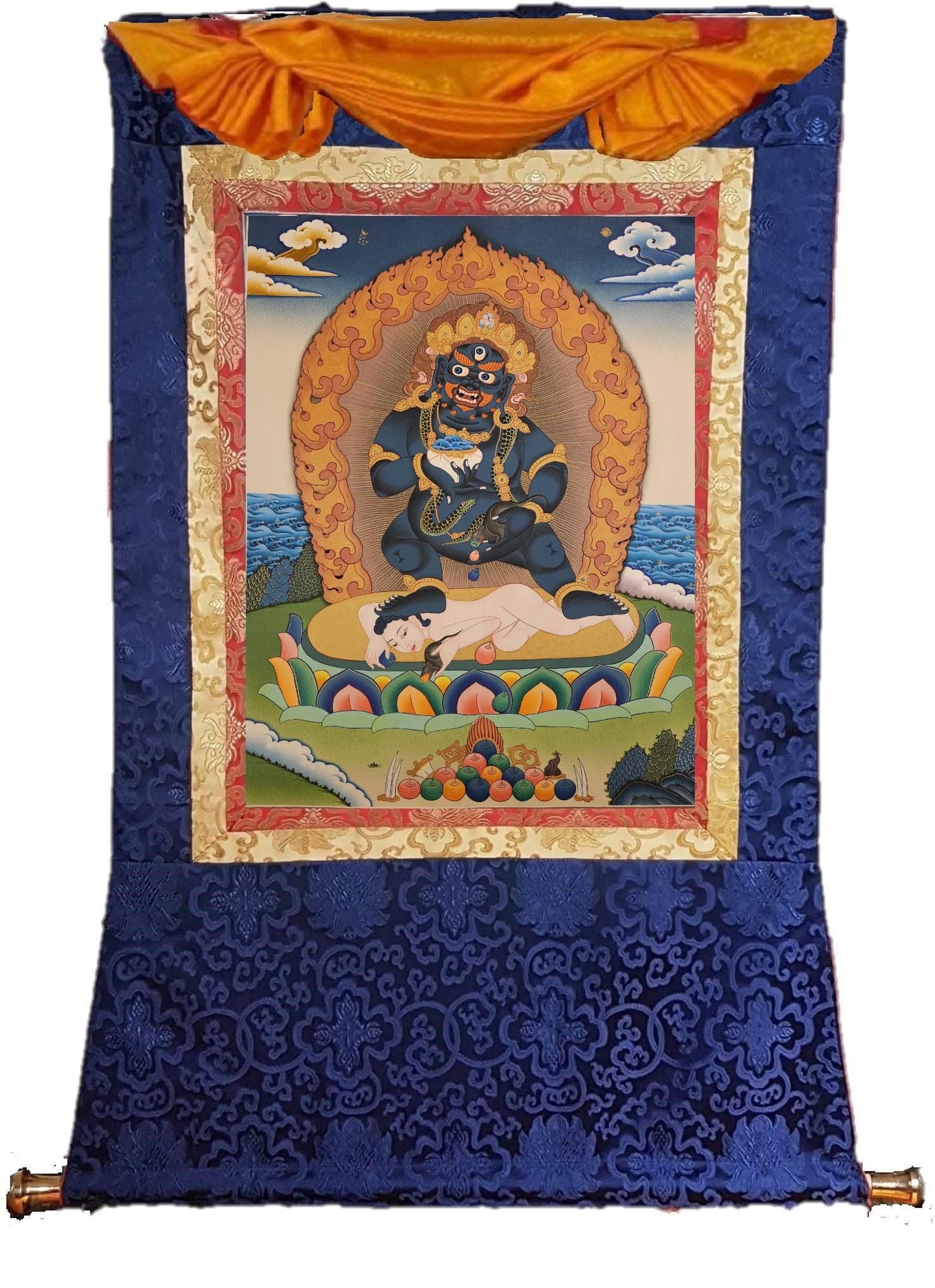 12. Black Jambhala or Dzambhala Thangka (Thanka). Free Brocade / Free Shipping.