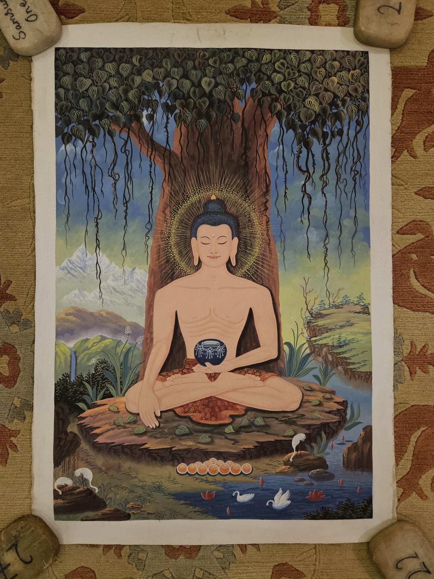 382. Newari Style Fasting Shakyamuni Buddha Thangka (Thanka). Free Brocade / Free Shipping.