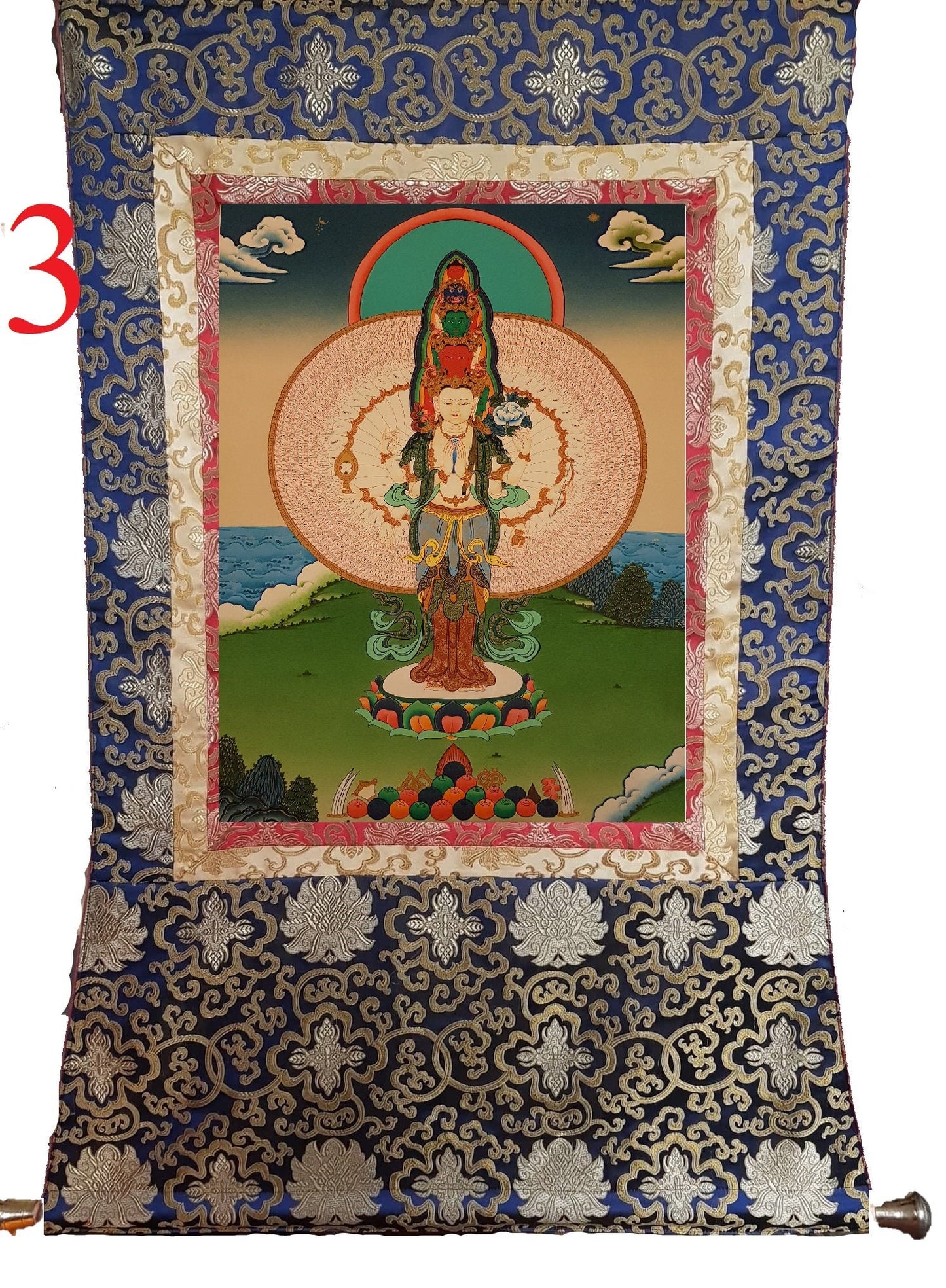 34. 1000 (Thousand) Arm Chenrezig Avalokiteshvara Thangka (Thanka). Free Brocade / Free Shipping.