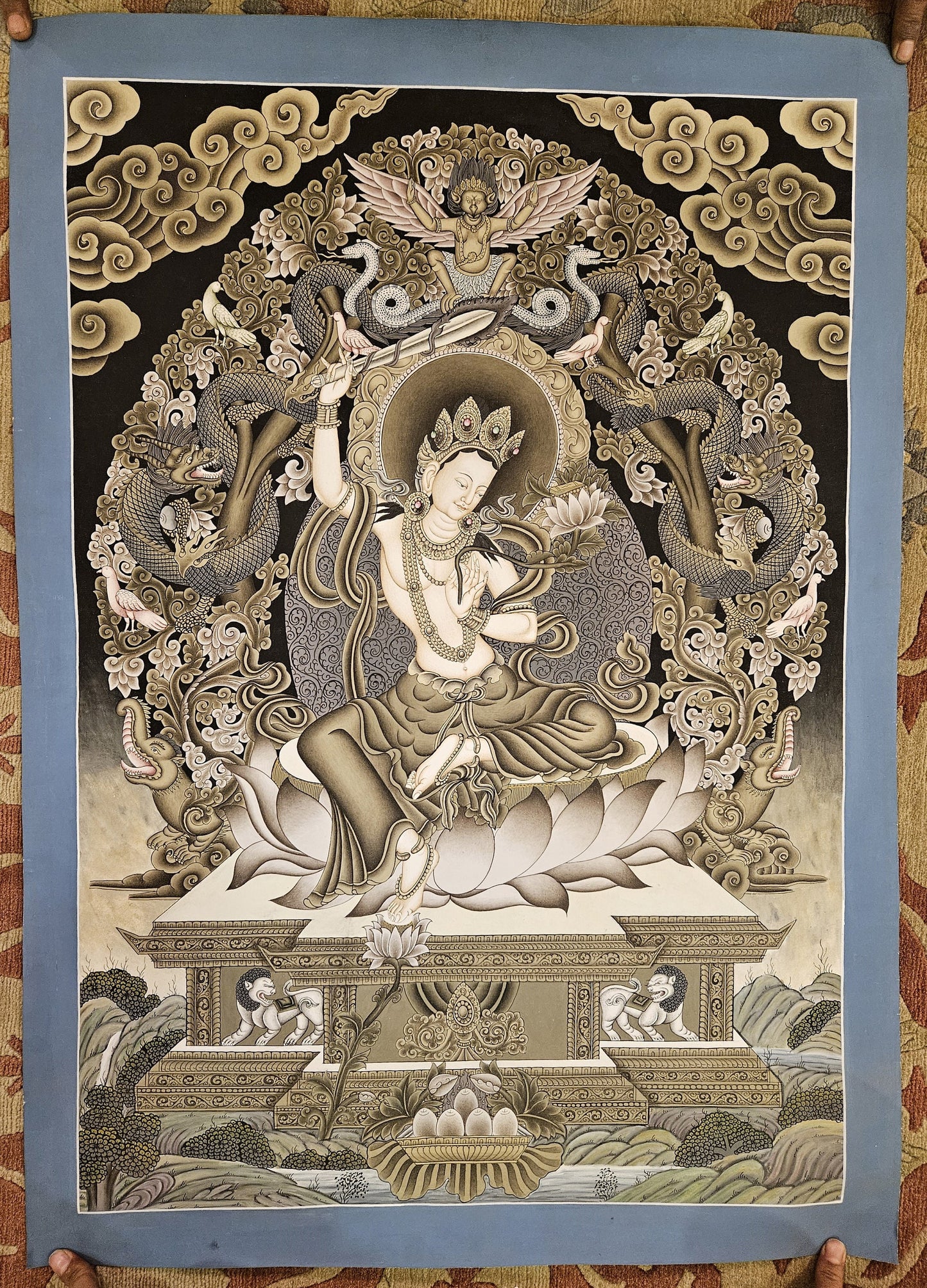 315. Manjushree (Manjushri) Thangka (Thanka) with Newari Fusion. Free Brocade / Free Shipping.