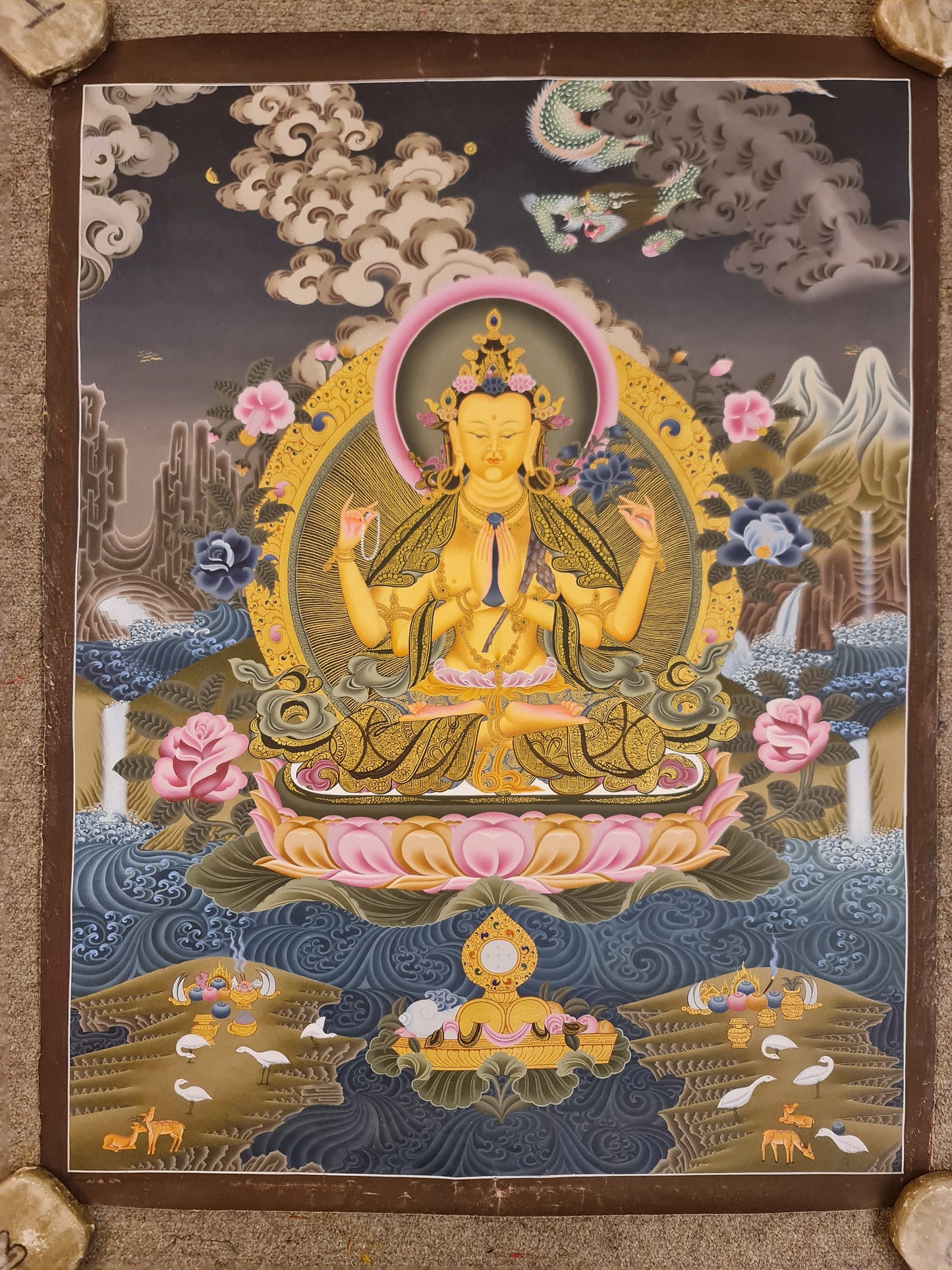 196. Chenrezig Thangka (Thanka).  Free Brocade / Free Shipping.