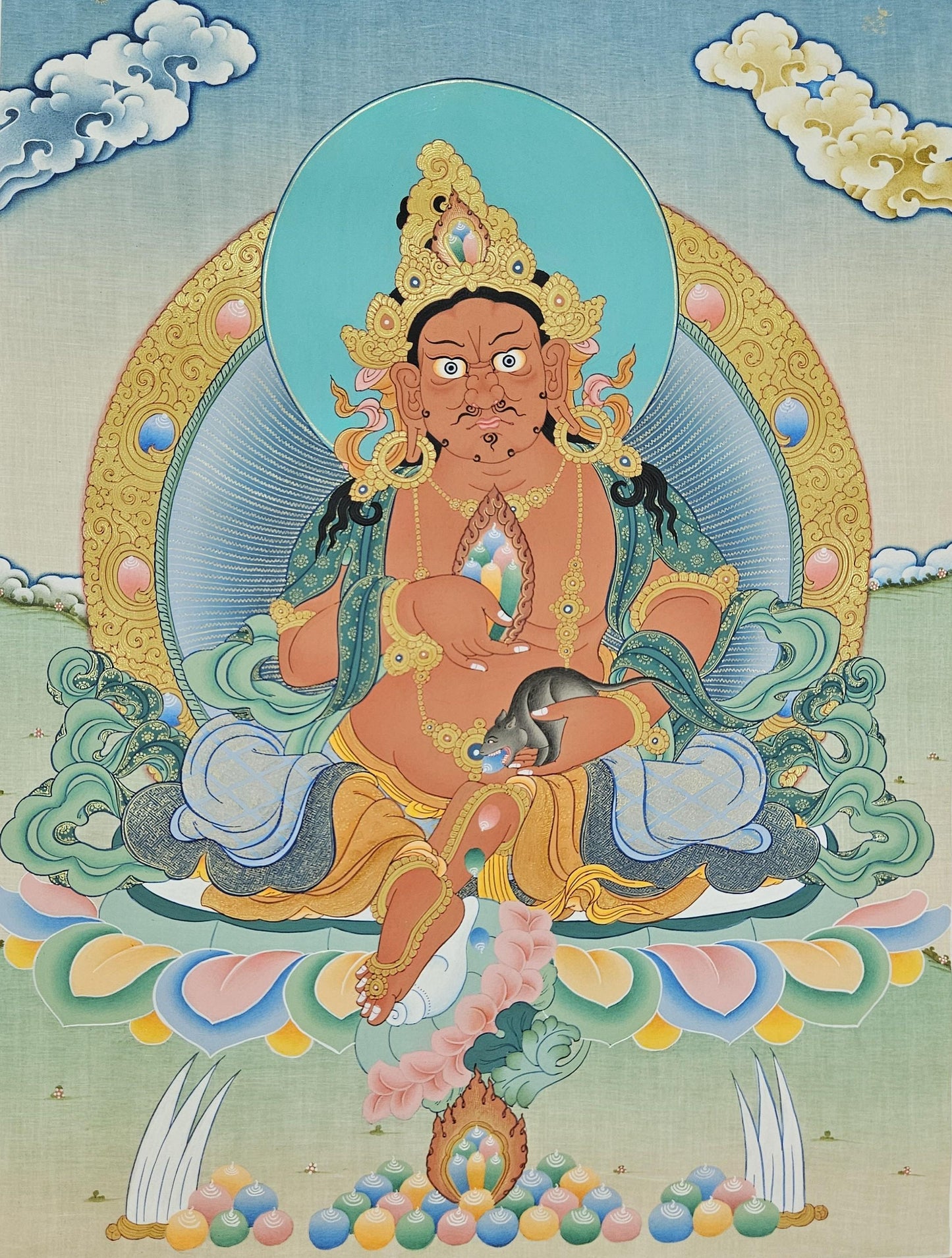 397. Red Jambhala or Zambhala Thangka (Thanka). Free Brocade / Free Shipping.