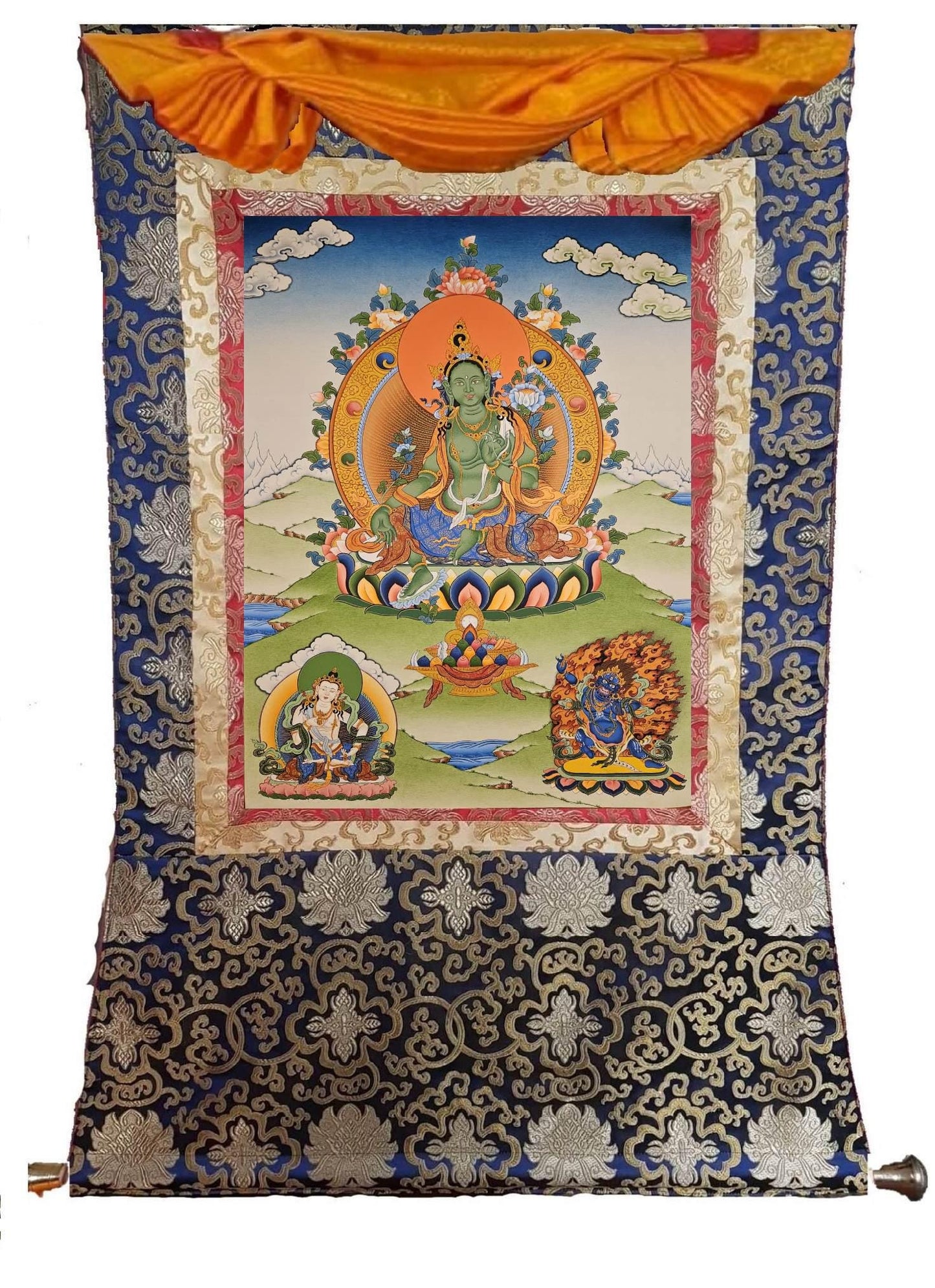 361. Green Tara with Vajrasattva and Vajrapani (Ayang Rinpoche) Thangka (Thanka). Free Brocade / Free Shipping.