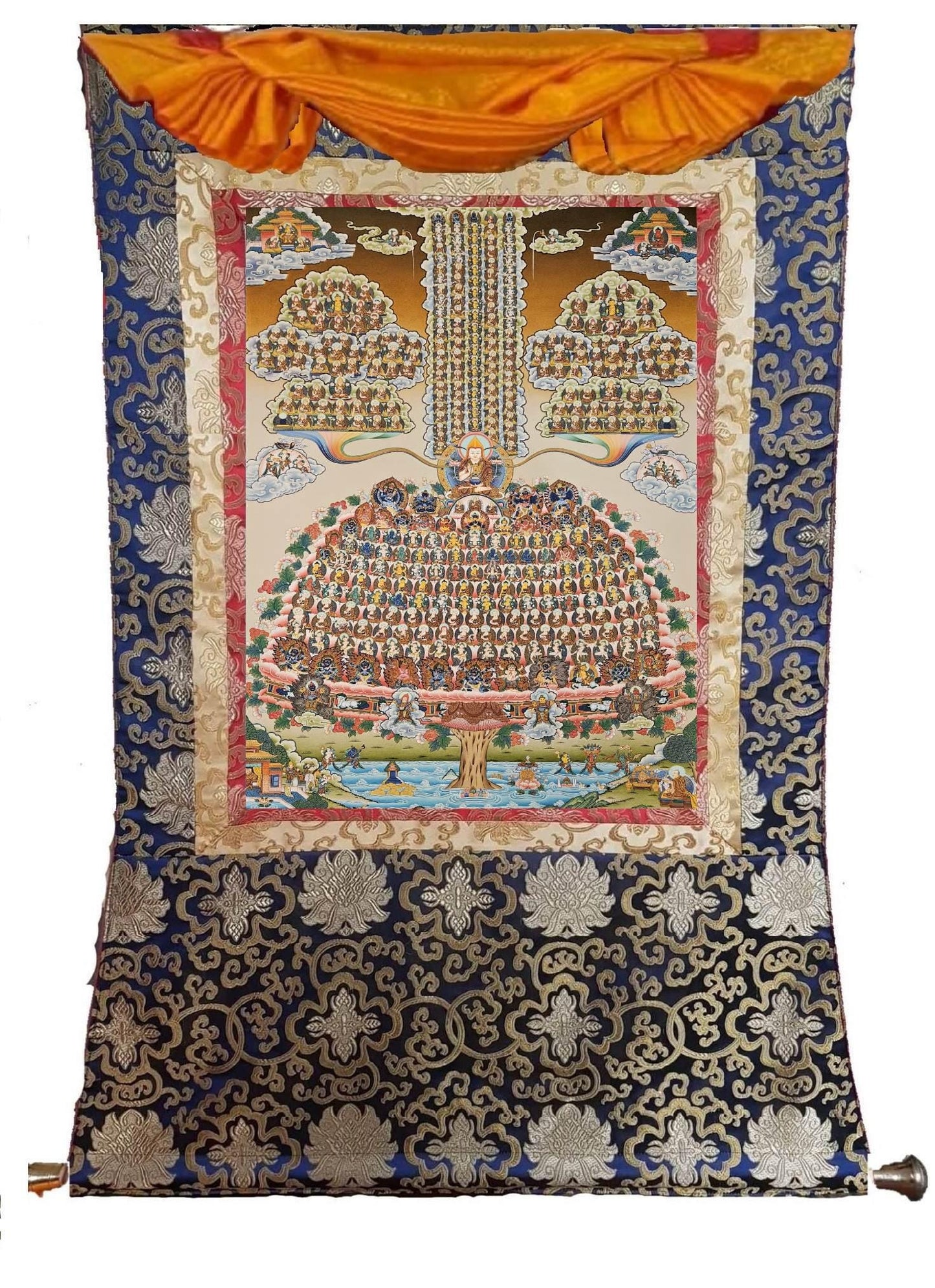 231. Gelug (Gelugpa) Lineage Tree Thangka (Thanka) Painting with 24 K Gold. Free Brocade / Free Shipping.