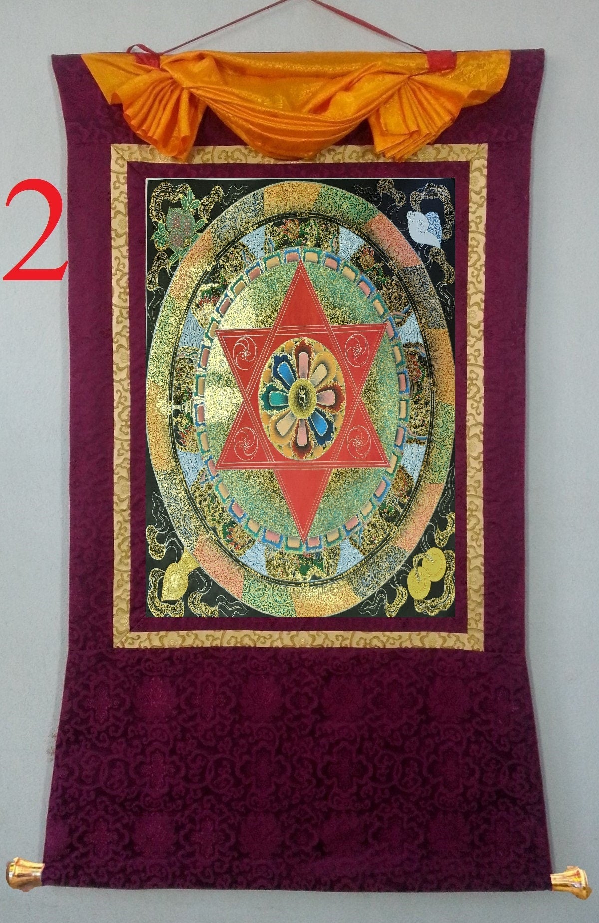 93. Black and 24 K Gold Mandala Thangka (Thanka). Free Brocade / Free Shipping.