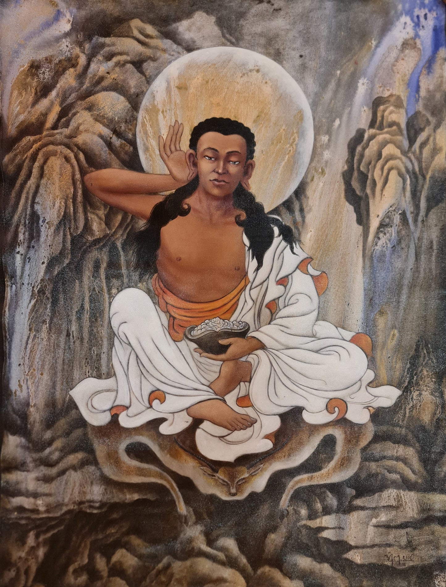 296. Newari Milarepa Thangka (Thanka) Newari Oil Painting Paubha in Canvas. Signed by the Artist. Free Shipping.