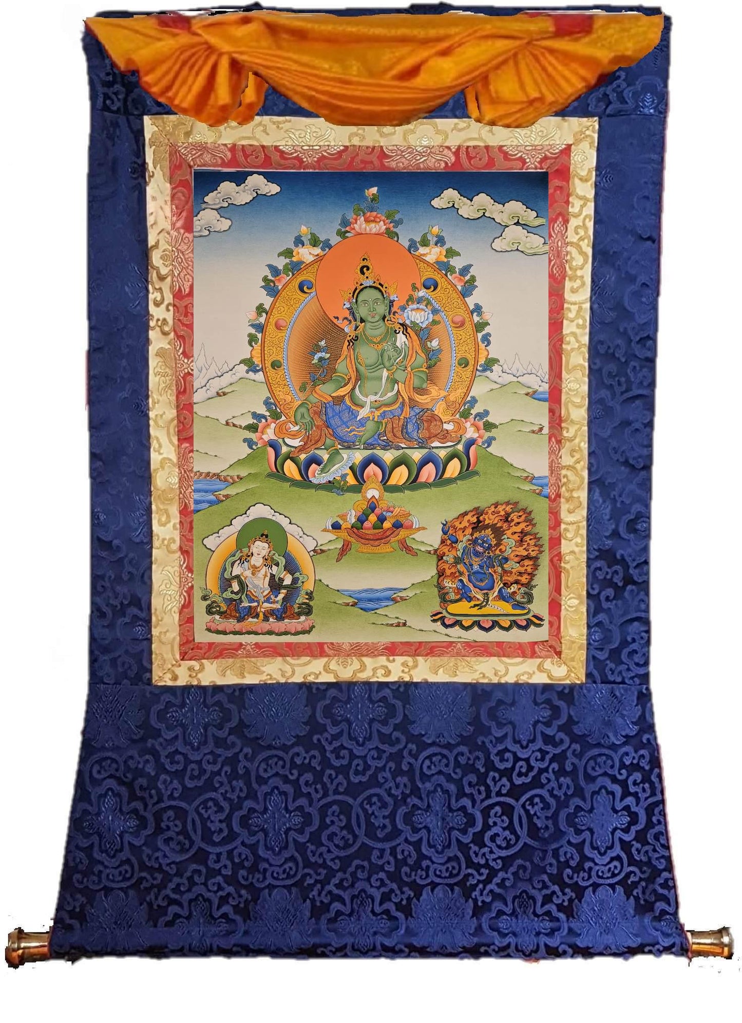 361. Green Tara with Vajrasattva and Vajrapani (Ayang Rinpoche) Thangka (Thanka). Free Brocade / Free Shipping.