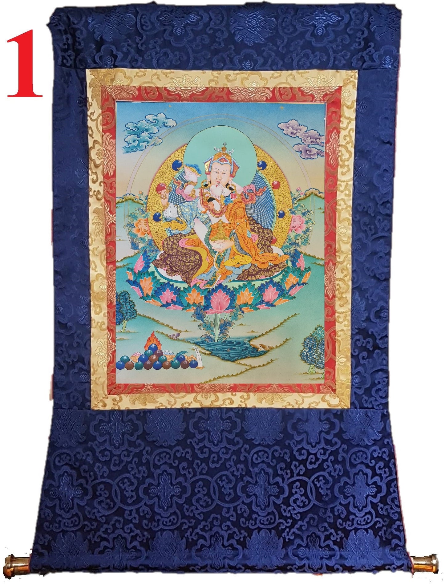 175. Guru Rinpoche Consort with Yeshe Tsogyal Thanka (Thangka). Free Brocade / Free Shipping.