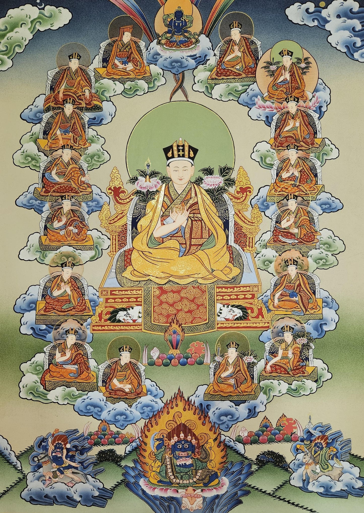 364. 16 Sixteen Gyalwa Karmapa in one Thangka Karma Kagyu. Free Brocade / Free Shipping.