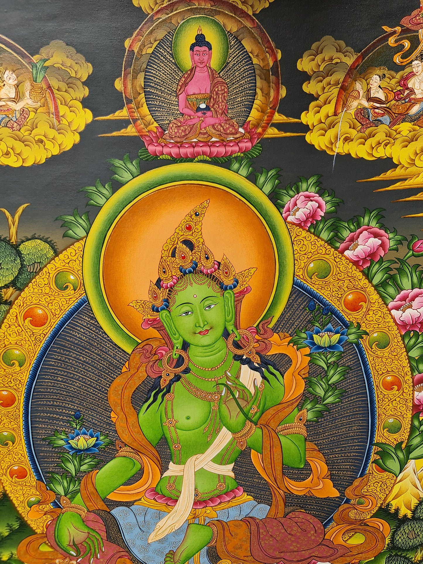 Green Tara Thangka (Thanka) with Green Brocade. Free Shipping.