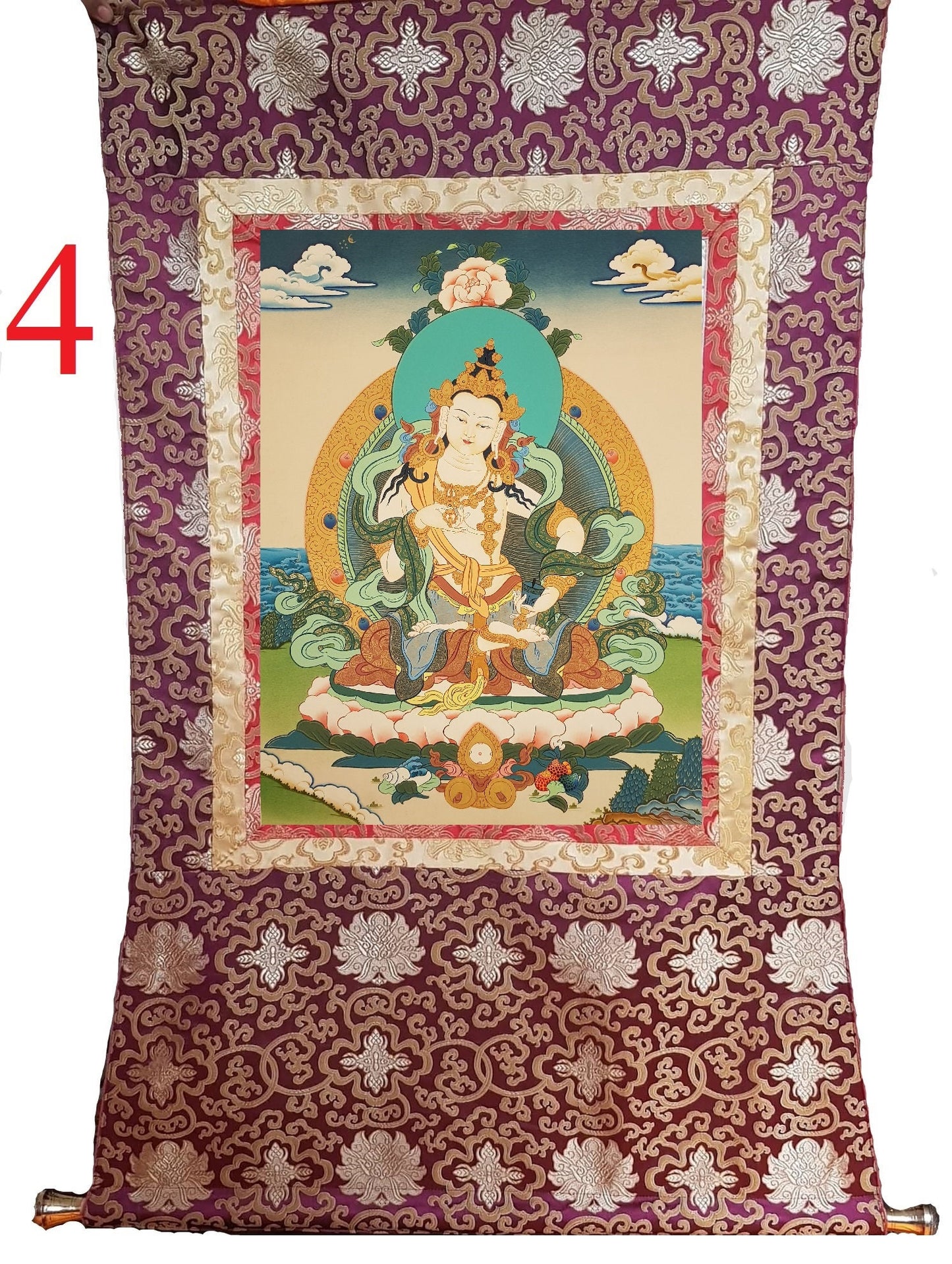 133. Vajrasattva Tibetan Thangka (Thanka) Painting. Free Brocade / Free Shipping.