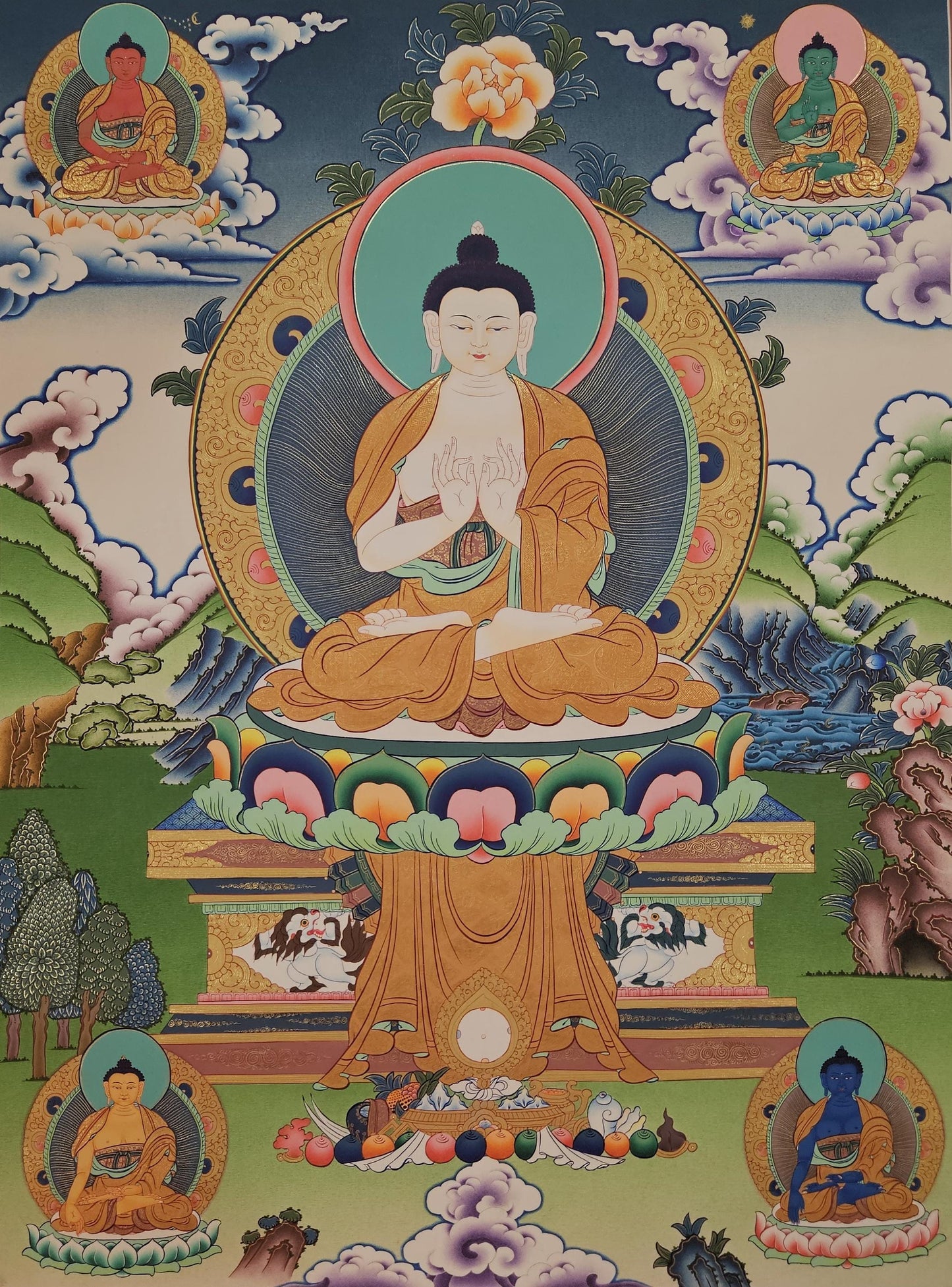 393. Five Pancha Dhyani Buddha Thangka (Thanka). Free Brocade / Free Shipping.
