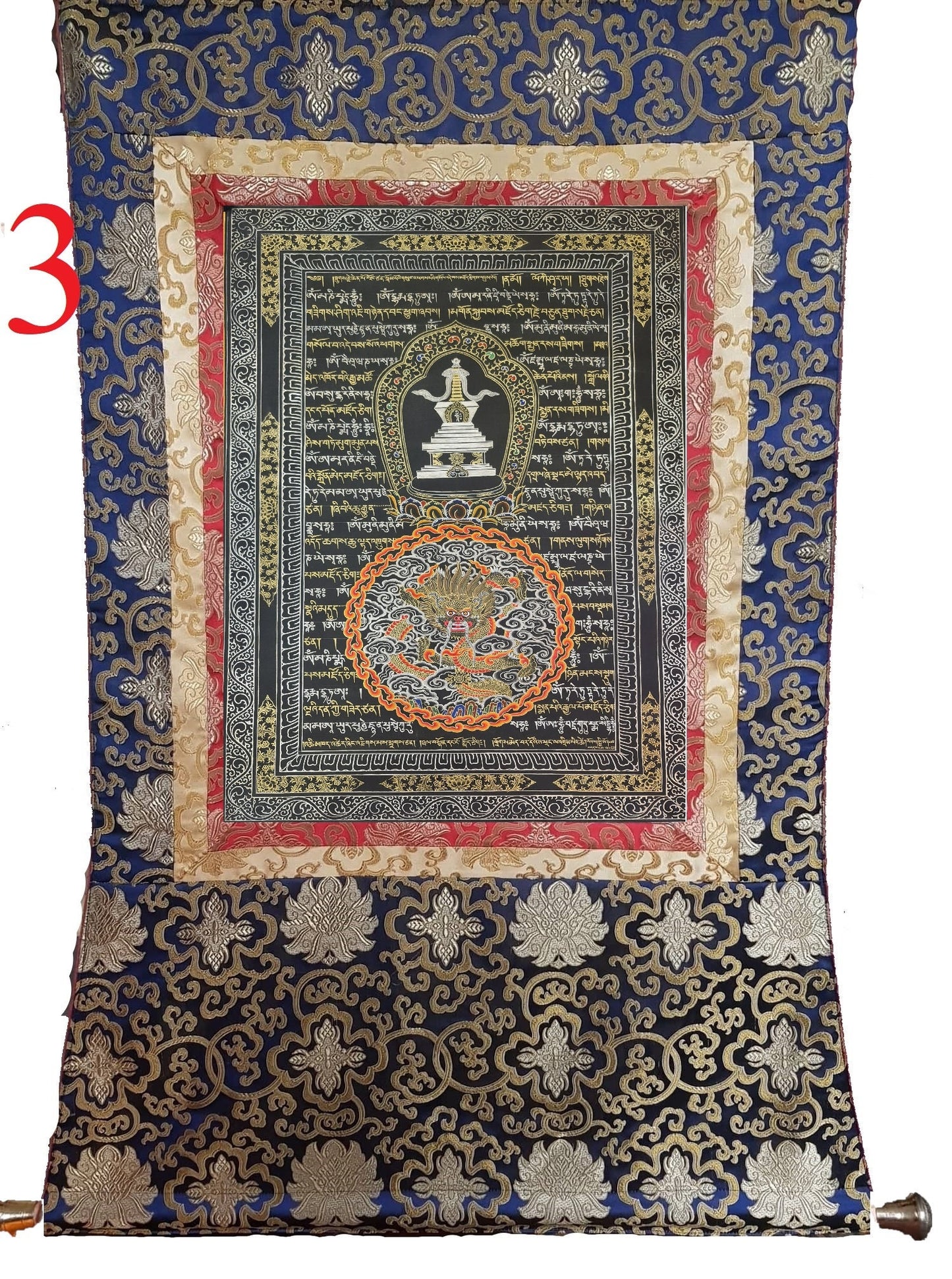 199. Mantra Thanka with Stupa and Dragon with 24K Gold. Free Brocade / Free Shipping.