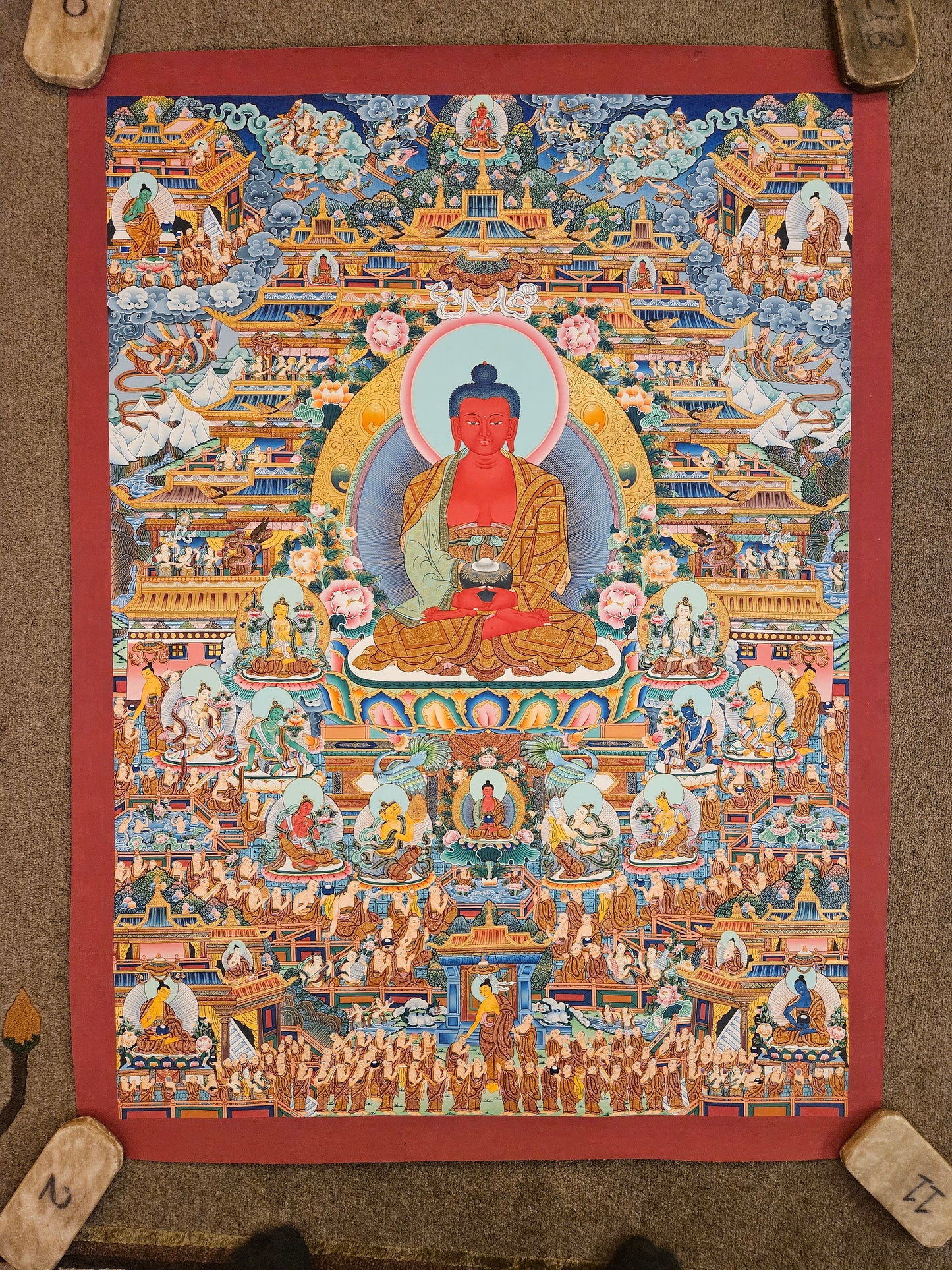 283. Large Amitabha Buddha Dewachen (Sukhavati) Thangka (Thanka). Free Brocade / Free Shipping.