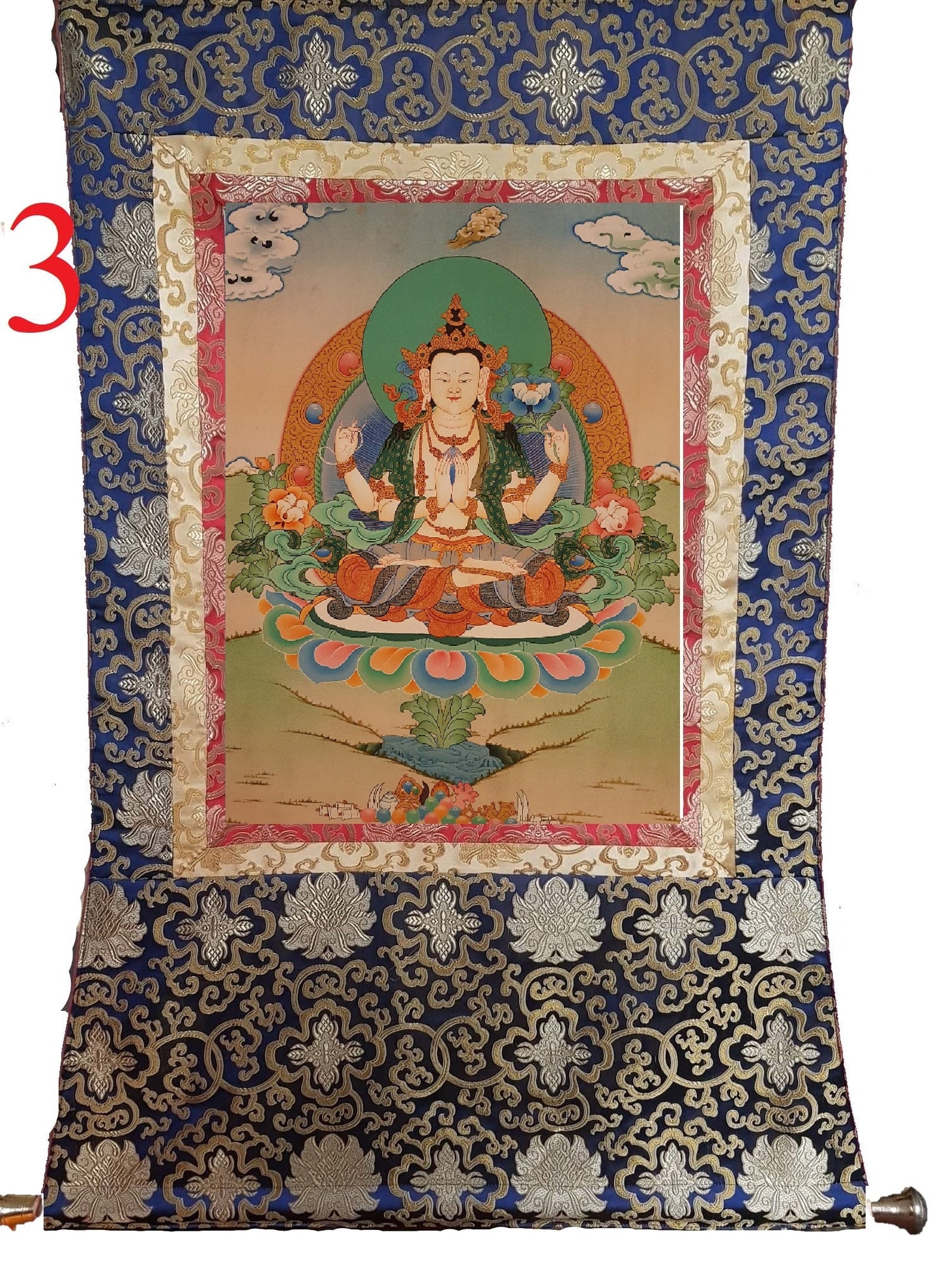 38. Chenrezig Thangka (Thanka).  Free Brocade / Free Shipping.