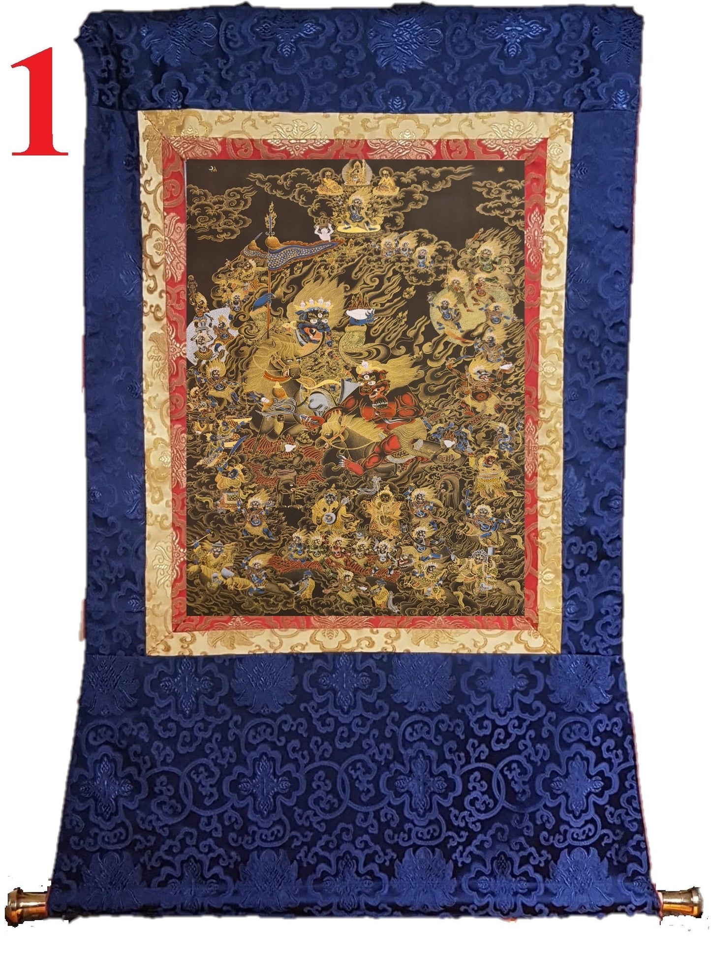 303. Shing Kyong and his Retinue Lion faced Maranatha (Kshetrapala) Thanka (Thangka). Free Brocade / Free Shipping.