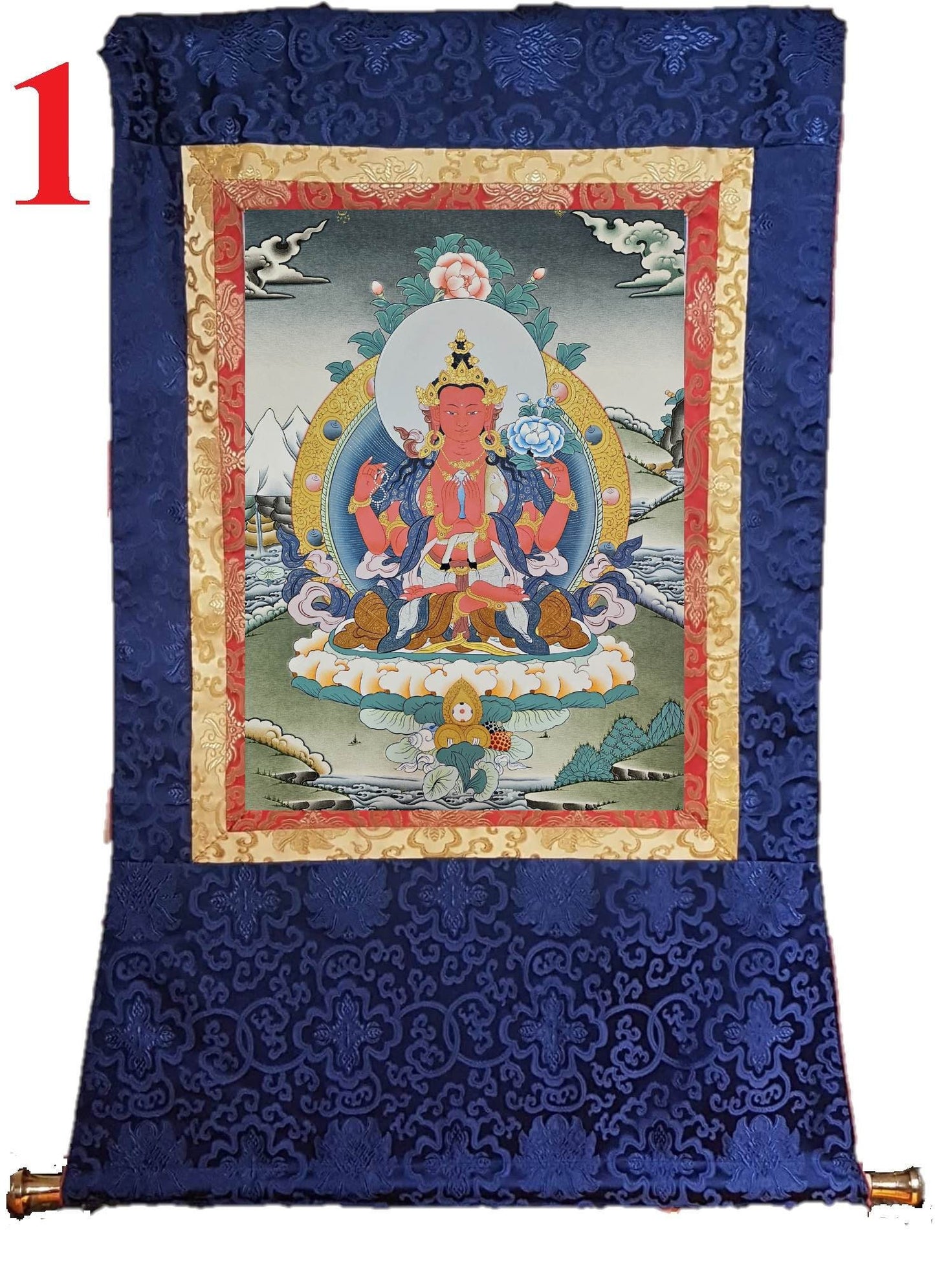 304. Gyalwa Gyatso (Red Chenrezig) Thangka (Thanka).  Free Brocade / Free Shipping.