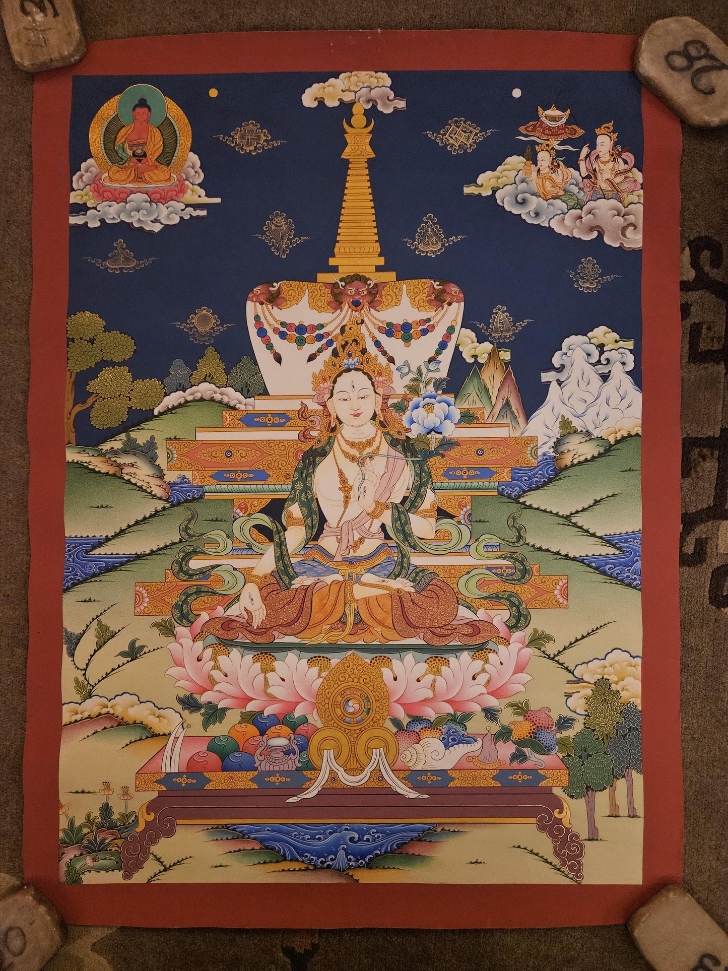 377. White Tara Stupa Thangka (Thanka). Free Brocade / Free Shipping.