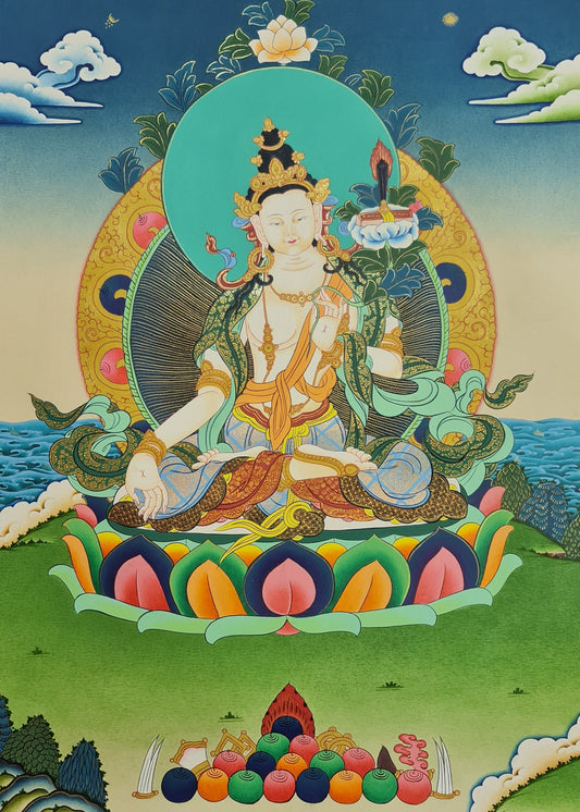 252. White Manjushree (Manjushri) Thangka (Thanka). Free Brocade / Free Shipping.