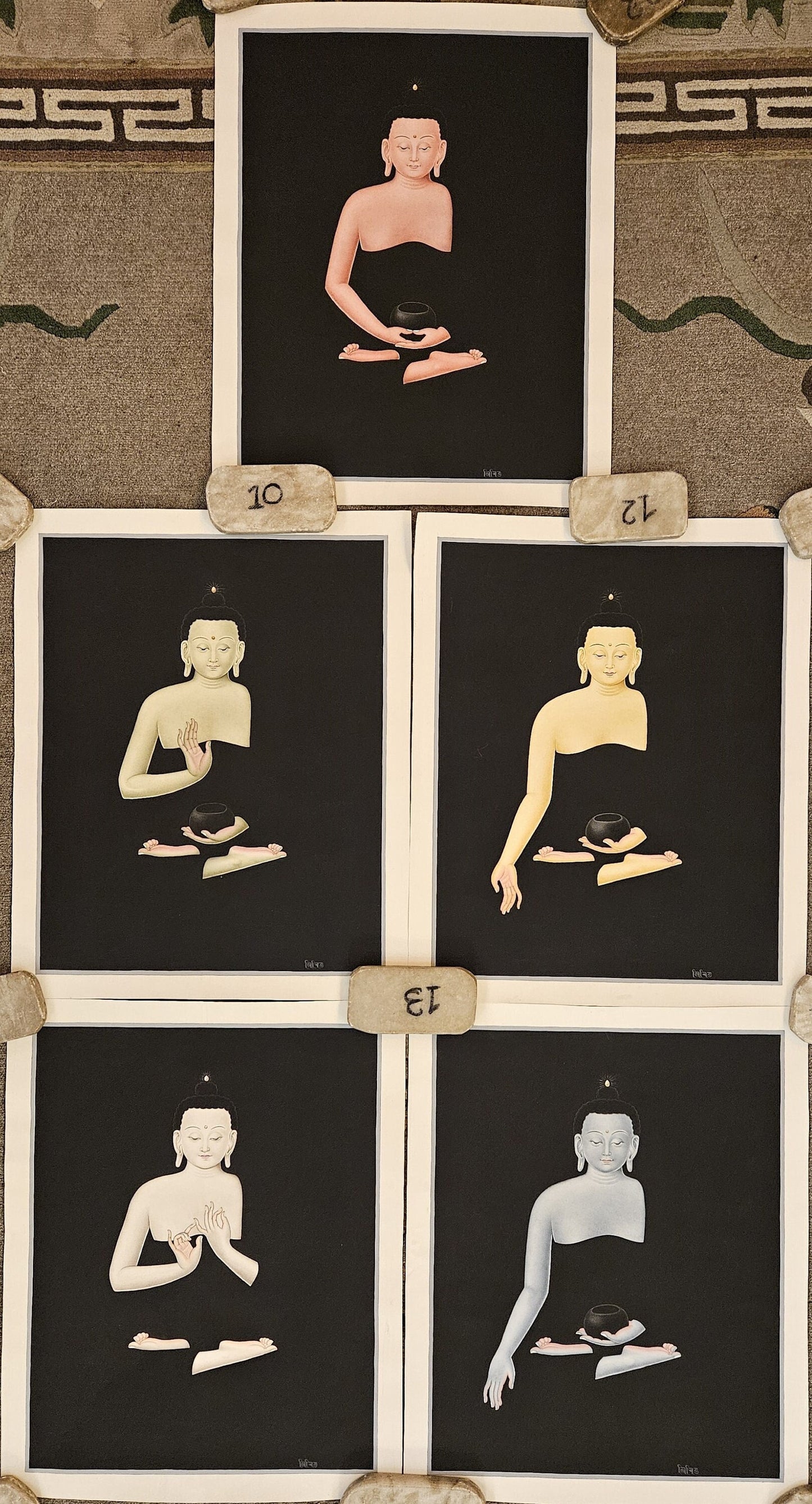 305. Five Pancha Dhyani Buddha Set Newari Art Paubha Thangka (Thanka). Signed by the Artist.  Free Shipping.