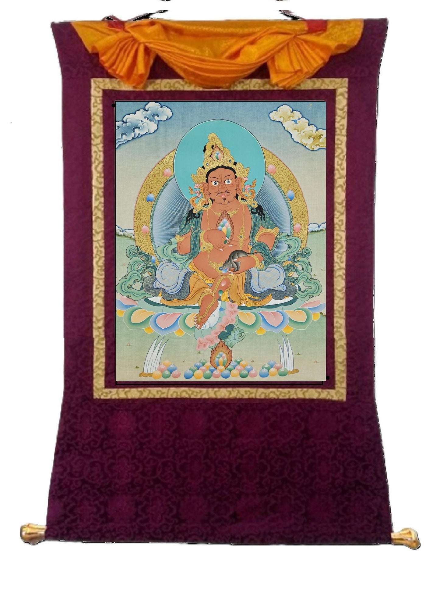 397. Red Jambhala or Zambhala Thangka (Thanka). Free Brocade / Free Shipping.
